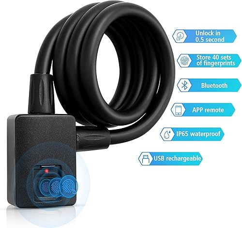 Miniatura 3 de Cable Bluetooth de bloqueo de huellas dactilares para bicicleta con aplicación abierta, control remoto, resistente al agua, registro de desbloqueo
