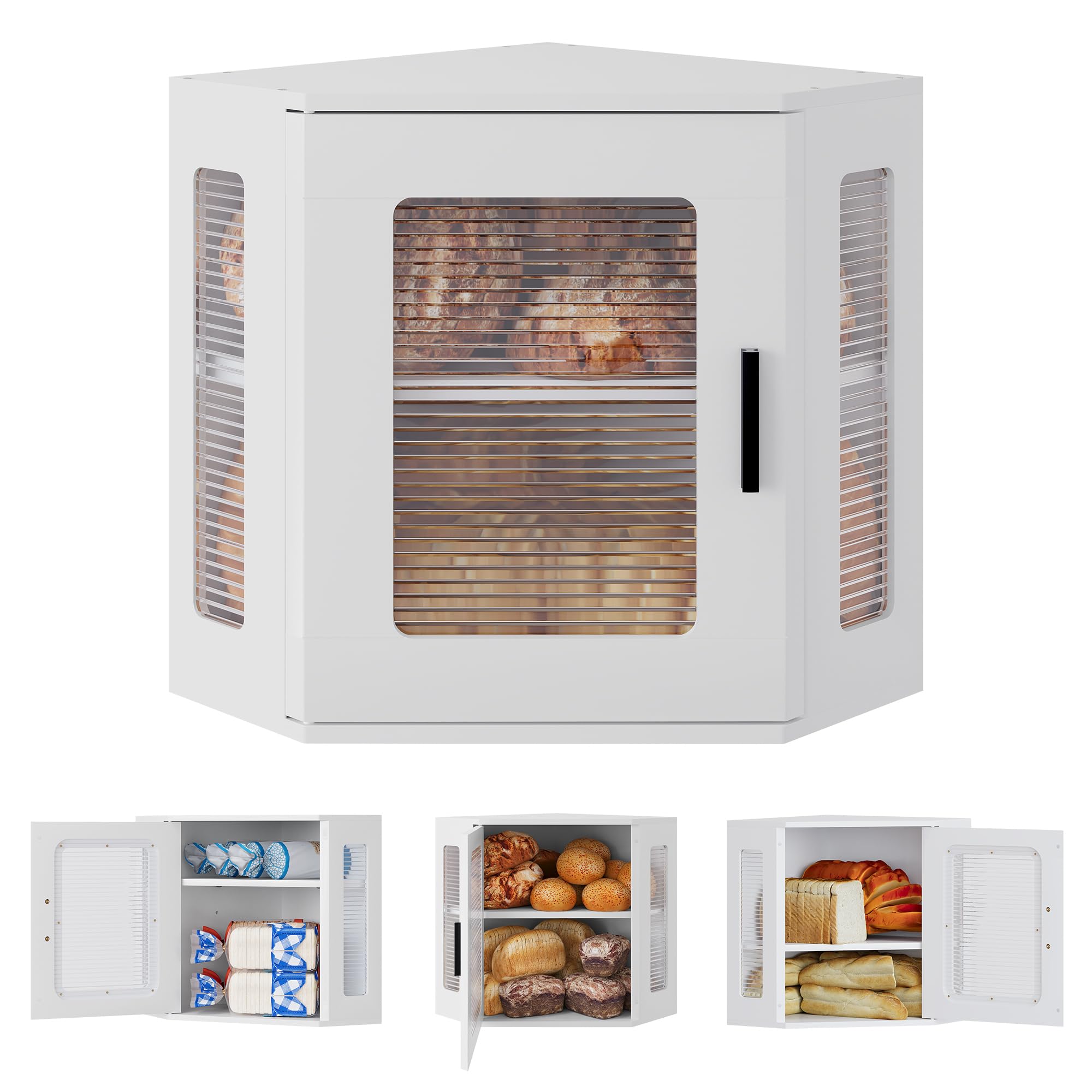 TQVAI Scatola per pane per piano di lavoro della cucina, grande contenitore angolare per pane a doppio strato, in legno, con finestra in acrilico, bianco