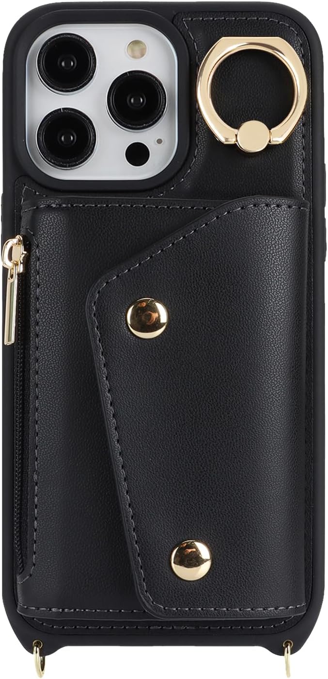 for iPhone 14 Pro Max Case with Card Holder and Strap - Zipper Pocket,Crossbody Lanyard Strap,Credit Card Holder,Stand Ring,Cute Phone Wallet Case for Women(Black,6.7 Inch) - Image 7