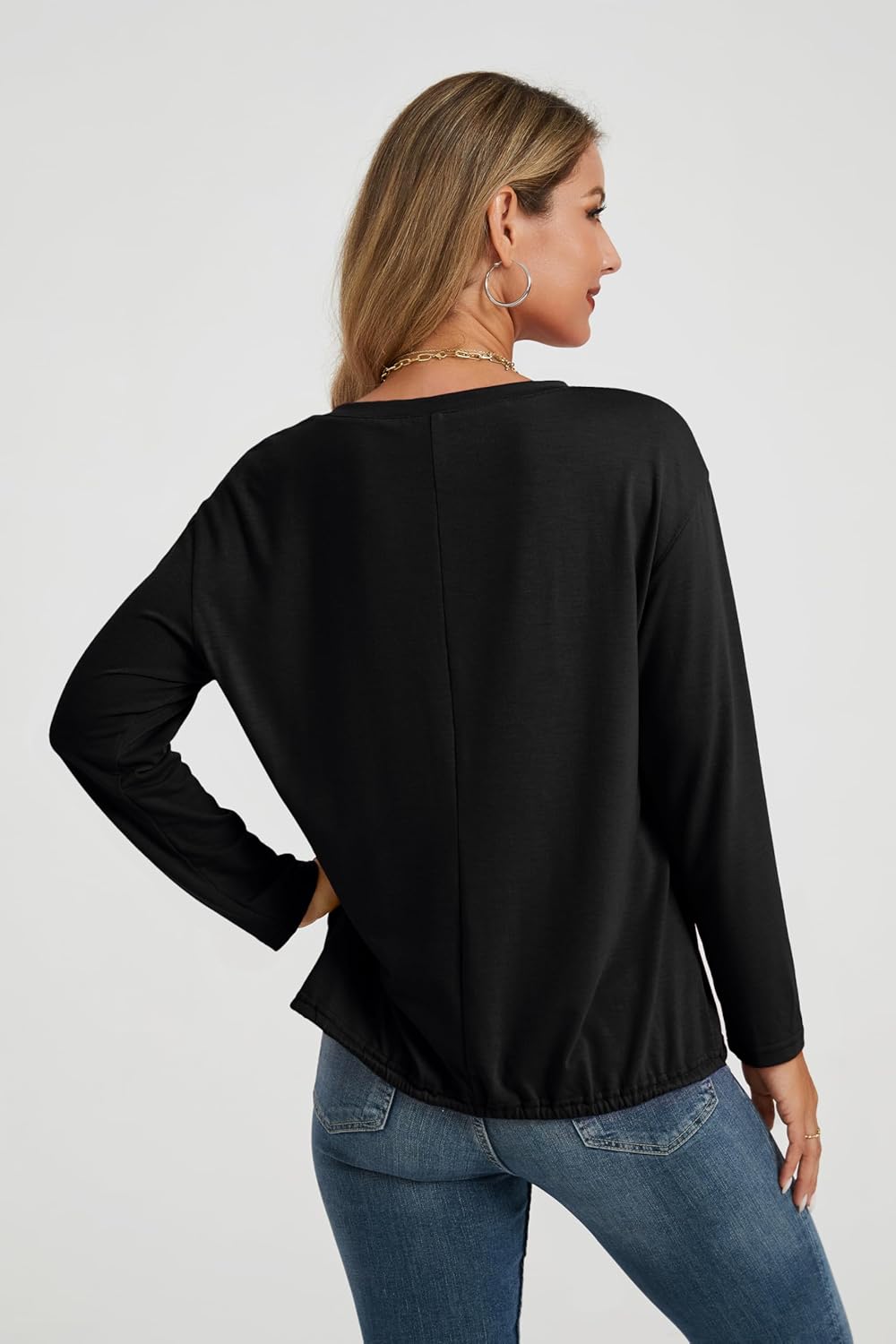 V Neck Long Sleeve T Shirts for Women Basic Drawstring Blouse Tees Elastic Hem Spring Fall Tunic Top 2026 Trendy - Image 3