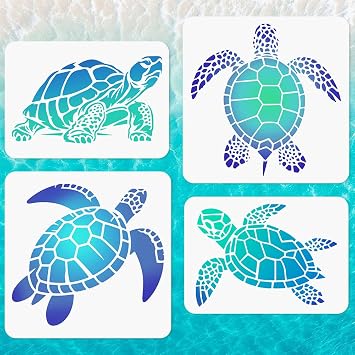 4Pcs Sea Turtle Wall Stencil Templates 11.8" x 11.8" and A4 Size Reusable Turtle Pattern Stencils for Painting on Wood Wall Floor Fabric Glass Furniture, DIY Home Decor or Craft Stencils
