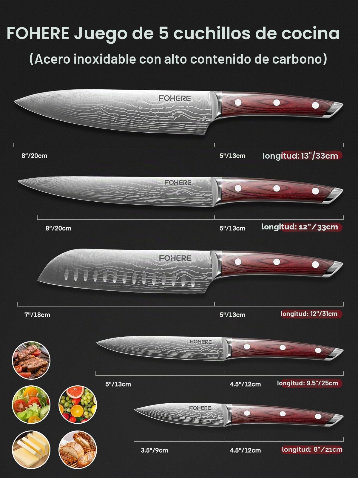 FOHERE Juego de Cuchillos de Cocina Profesional 5 Piezas, Cuchillos Cocina de Acero Inoxidable y Mangos de Madera Natural, Juego de Cuchillos de Chef, Cuchillo Japones Santoku