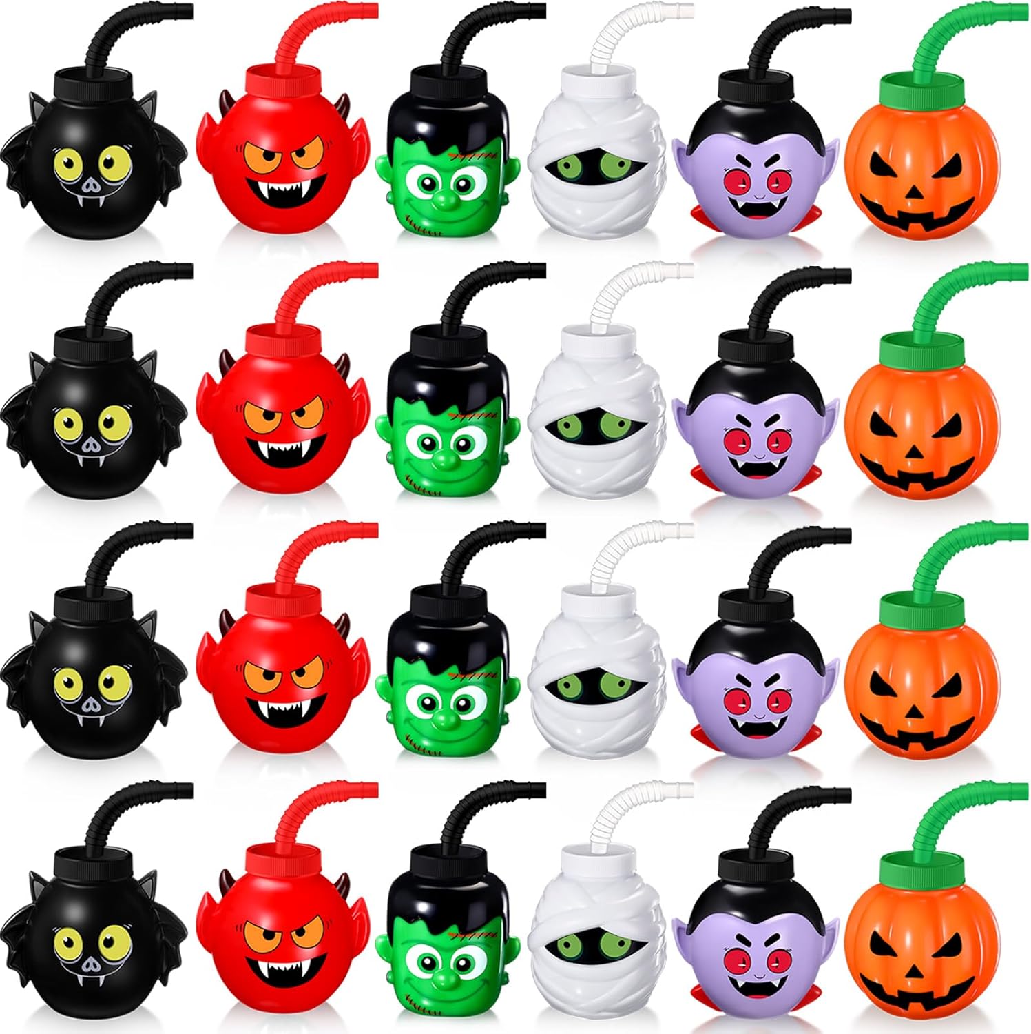 Umigy 24 Pcs Halloween Cup for Kids 10 oz Halloween Reusable Plastic Cup with Lid and Straw Mummy Green Giant Pumpkin Devil Vampire Bat Shapes for Gift Party Favor Supplies