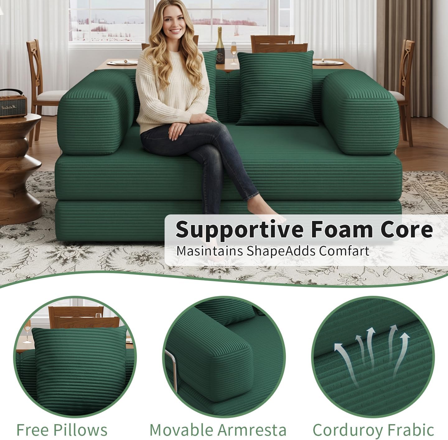 BSHOMGI Folding Sofa Bed Convertible Corduroy Couch Queen Size Floor Sleeper 4-in-1 DIY Combination Modular Lazy Sofas Fold Futon Lounge for Living Room (Green, 53.15" Double Sofa)