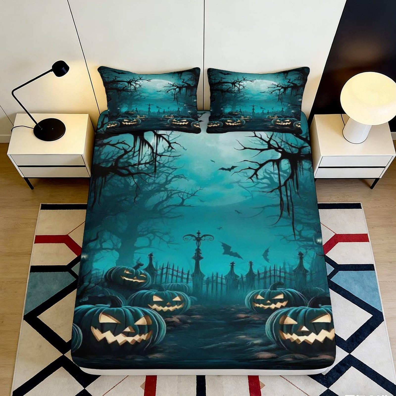 3D Printed Haunted Pumpkin Fitted Sheet Microfiber Dark Forest Mattress Cover for Bedroom Guest Room Decor 90x200x25cm
