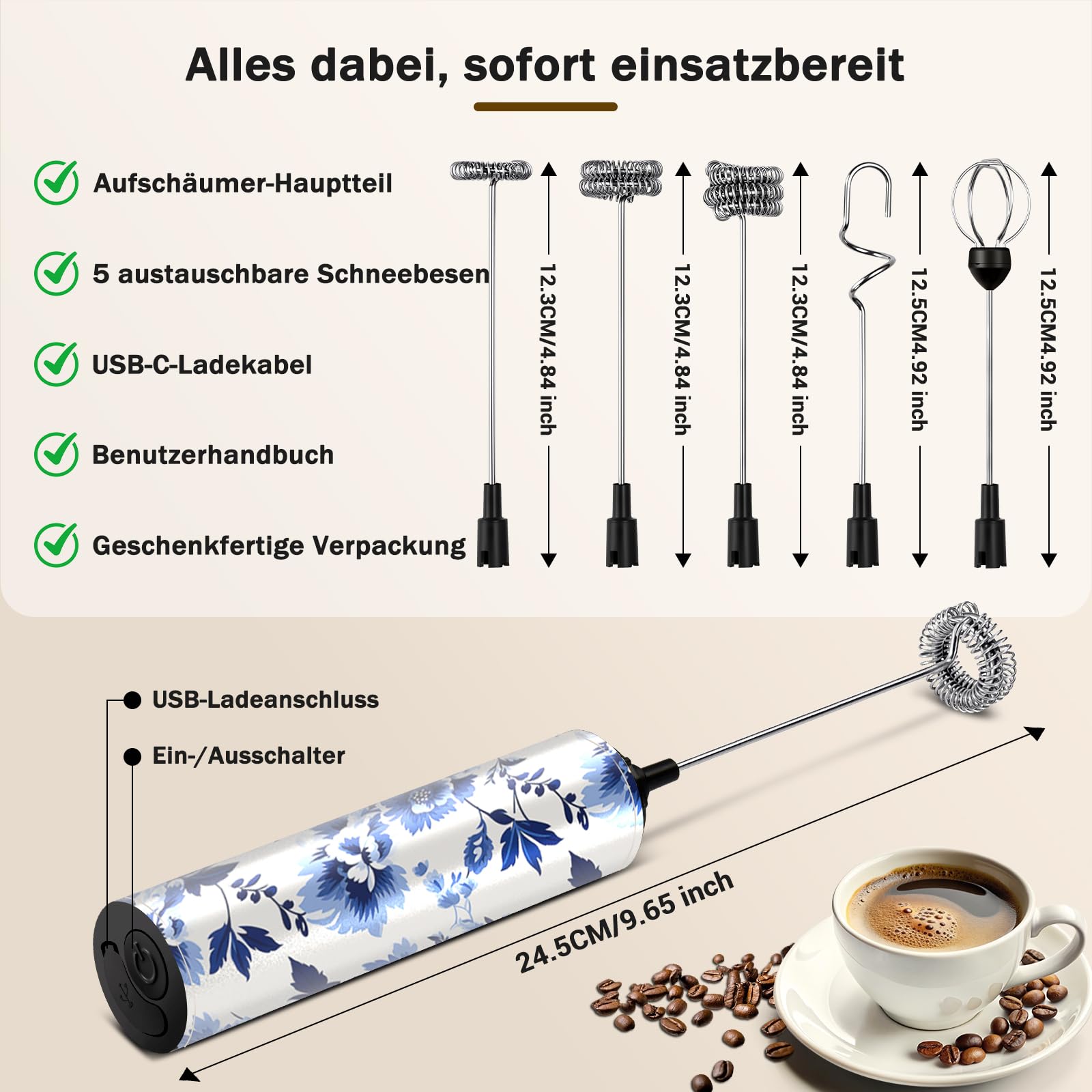 Mousseur à lait électrique USB-C avec 5 fouets interchangeables en acier inoxydable – 2 vitesses réglables (11 000/13 000 tr/min), mousseur étanche pour café, latte, cappuccino, matcha (20)
