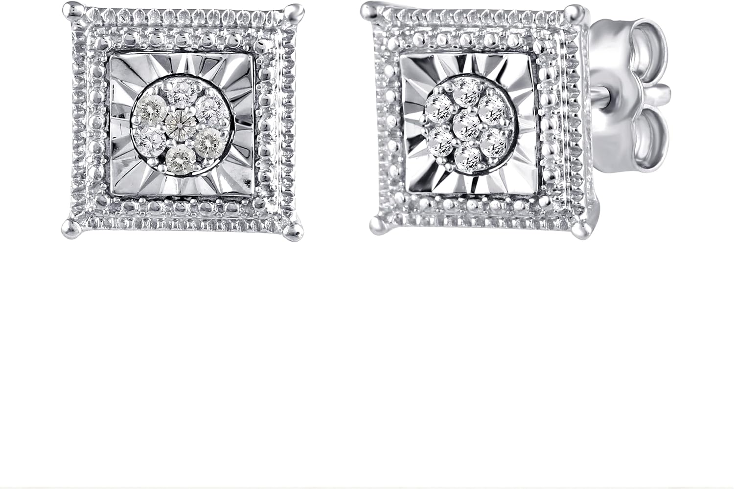 1/10 Carat Cttw Round Cut Diamond Stud Earrings for Women Girls sets in Rhodium Plated 925 Sterling Silver, Halo, Pave, Fashion Hypoallergenic Jewelry