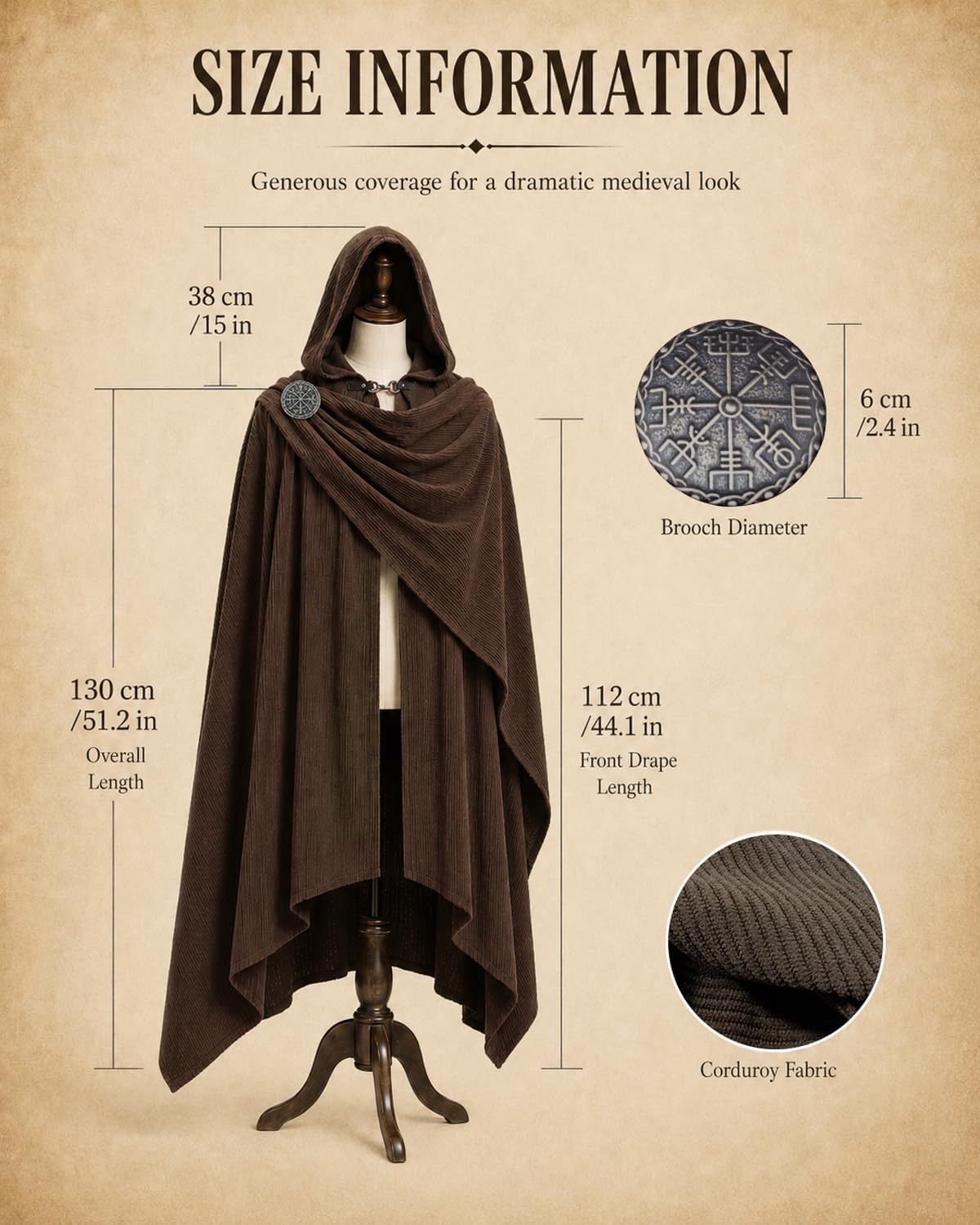Medieval Hooded Cloak Cape with Brooch Fantasy Poncho Vintage Ranger Renaissance Cosplay Robe for Halloween Ren Faire