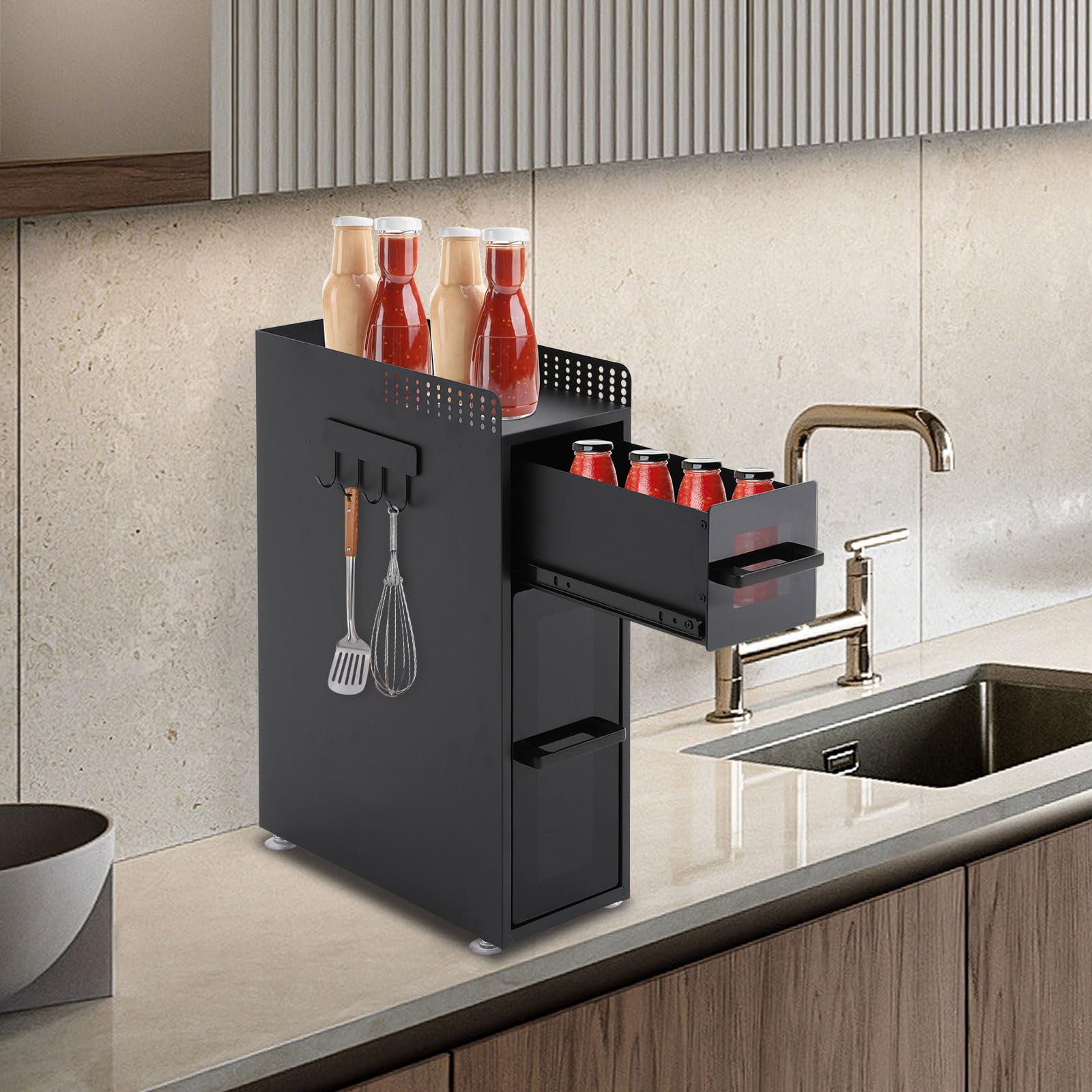 Scaffale per spezie a 3 ripiani, allungabile, portaspezie, da cucina, per piano di lavoro da cucina, portaspezie da cucina, per armadietti, cucina, con cassetto
