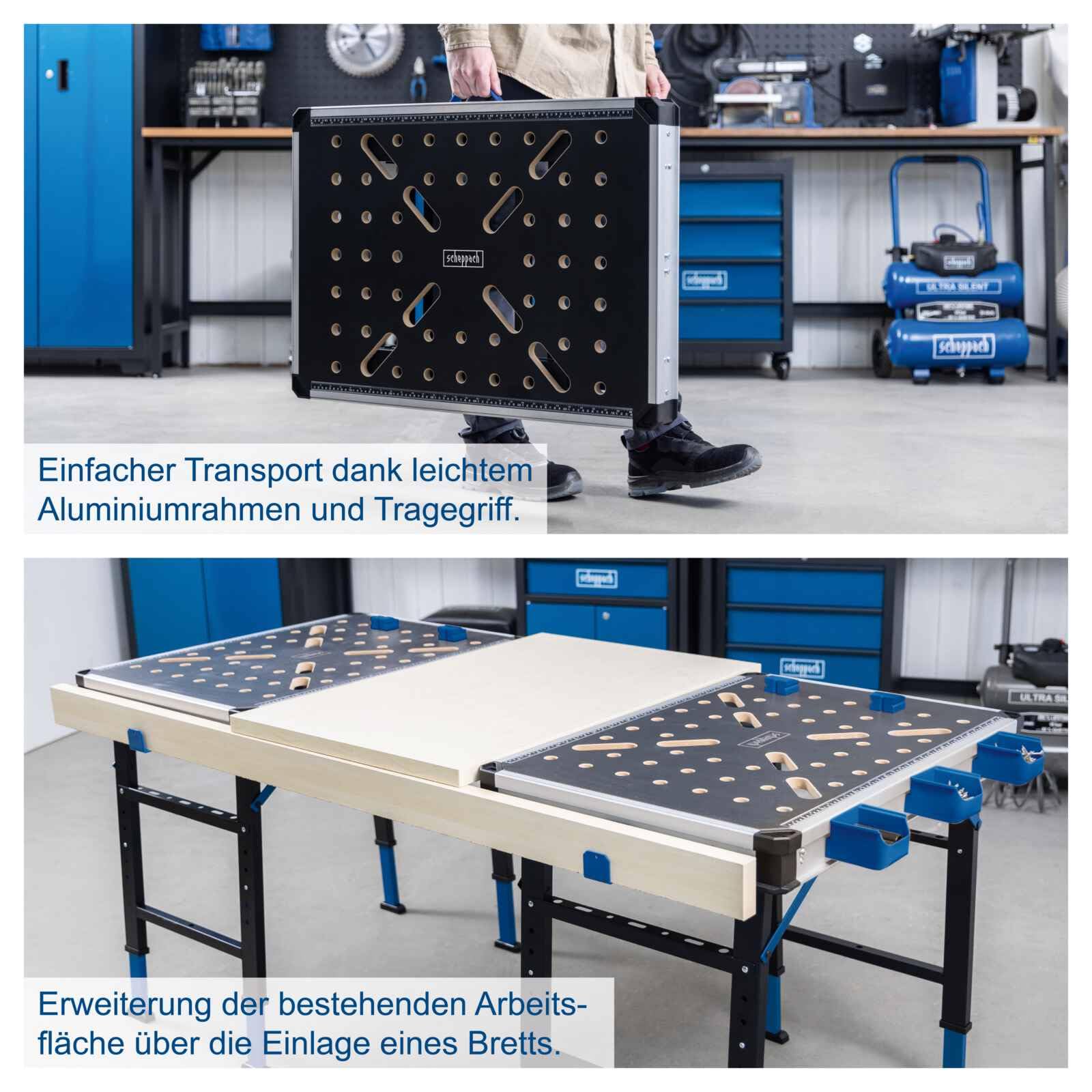 Scheppach Werkbank und Spanntisch MWB150 | max. 450 kg Traglast | 5-Fach höhenverstellbar 733 – 888 mm | Integrierte Messskala | 20 mm Lochrastersystem | 848 x 600 x 85 mm Arbeitstisch mit MDF-Platte