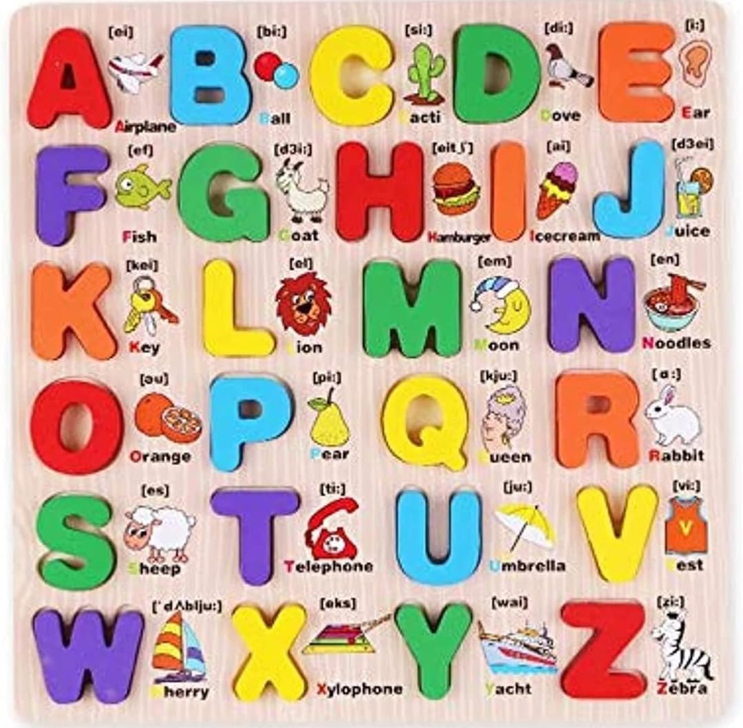 3D Wooden Puzzle with Big Alphabets and Pictures for Kids 26pcs (Alphabet)