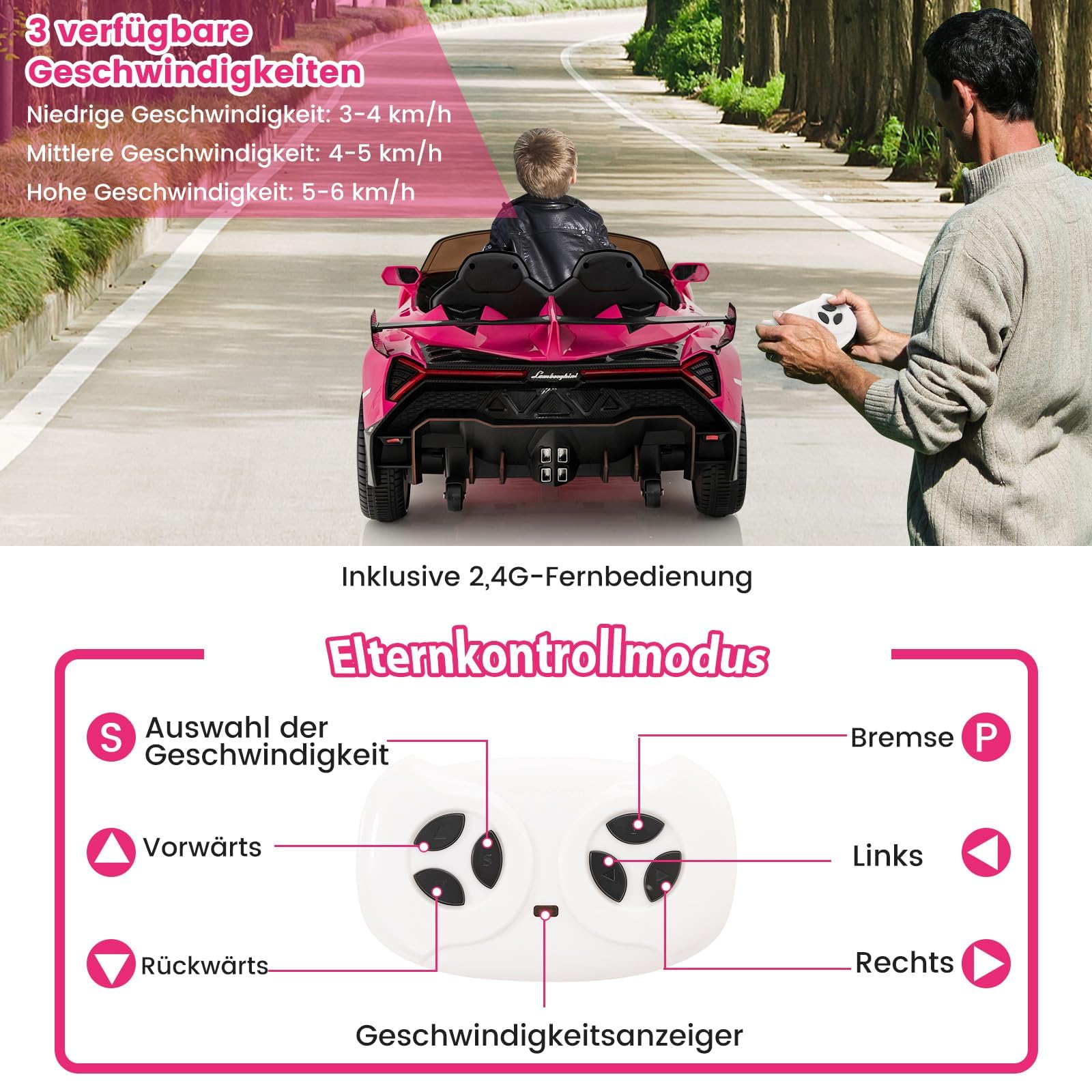 FANTASK Lamborghini Elektroauto für Kinder, Kinderfahrzeug mit 2,4-G Fernbedienung & LED Scheinwerfer & Hupe & Musik, Elektrofahrzeug 3-6 km/, Kinderauto Elektro für Kinder ab 3 Jahren (Rosa)