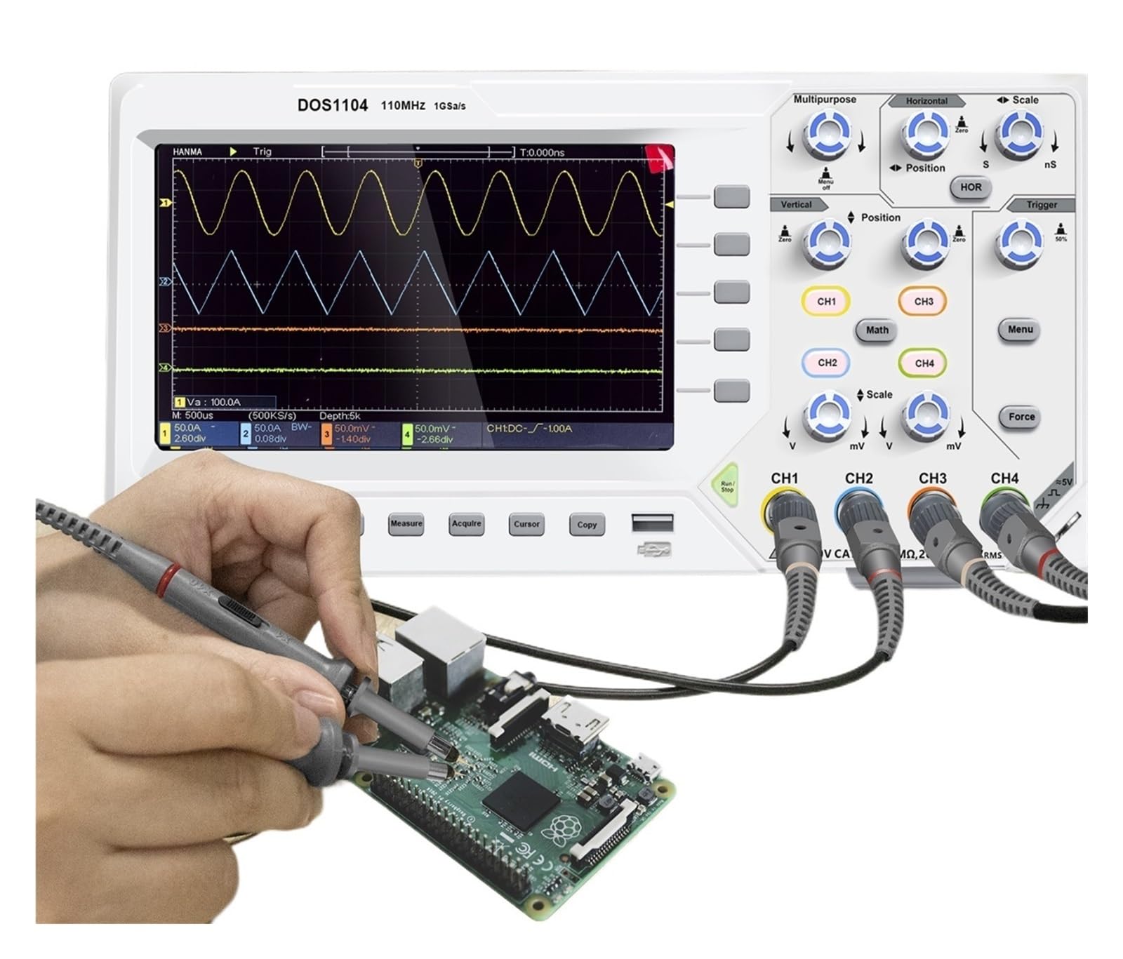 Oscyloskop cyfrowy 2/4 Szerokość pasma 110 MhZ 1GS/s Częstotliwość próbkowania 5 mV/Div 7-calowy oscyloskop stołowy z pamięcią TFT (DOS1102, EU)