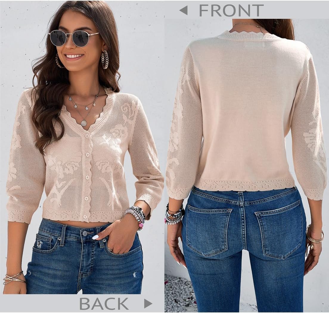 Kate Kasin Women's Cropped Cardigan Sweaters Trendy Lightweight 3/4 Sleeve Button Down Crochet Textured Shrugs Top - Image 4