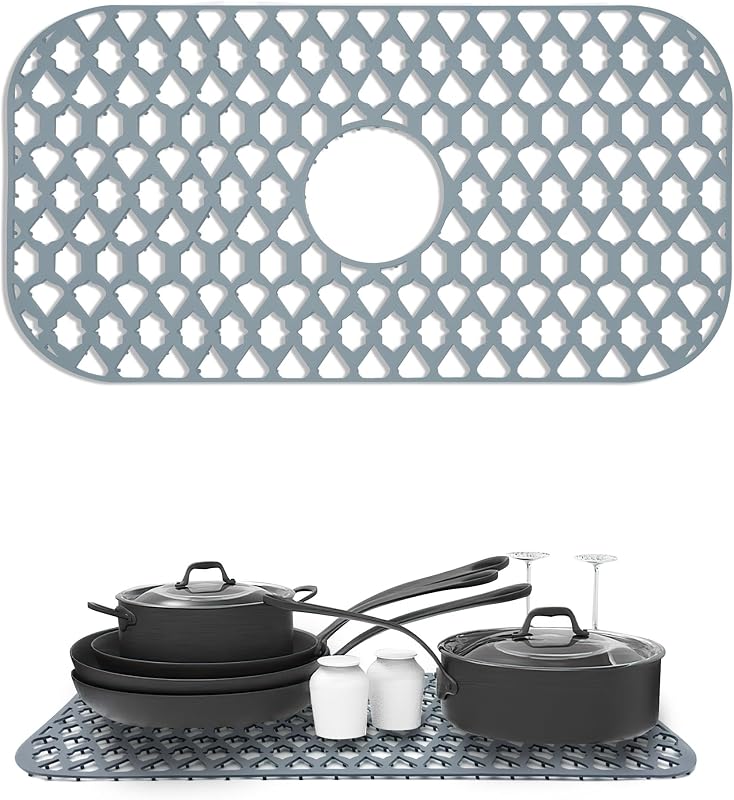 Silicone Sink Protector for Multi-Size Kitchen Sink (24"x13", Center Drain) | Flexible and durable, heat-resistant, machine washable, non-slip, gray grid.