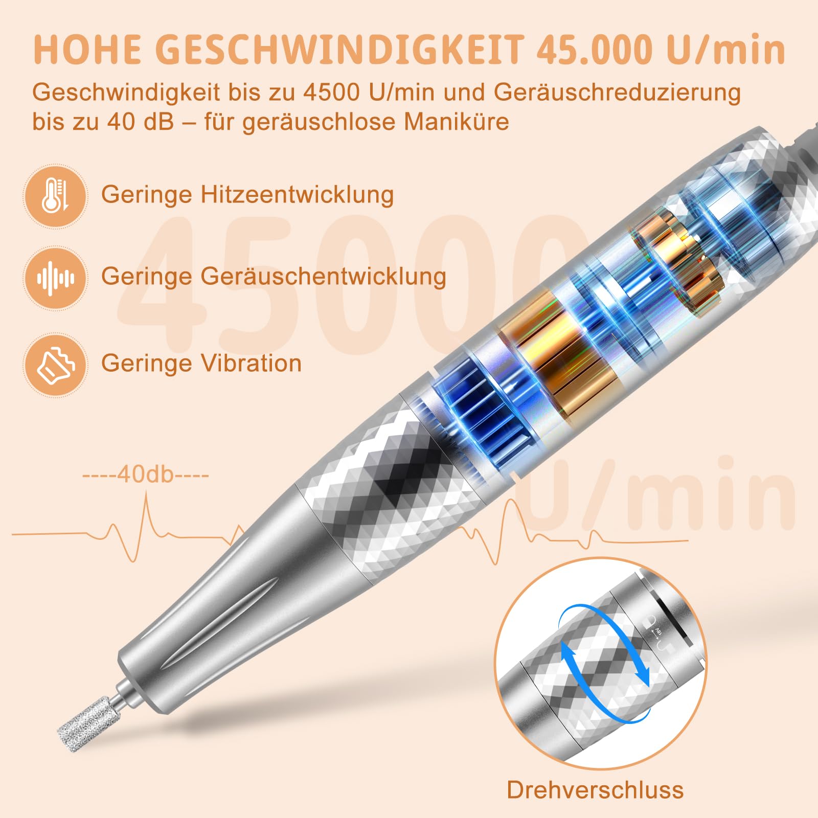 Professionelle Elektrische Nagelfeile 45000U/M für Gelnägel und Acrylnägel mit LCD-Display, Bit-Lock Design, mit Maniküre Pediküre Zubehör Set für den Heimgebrauch und Nagelstudios