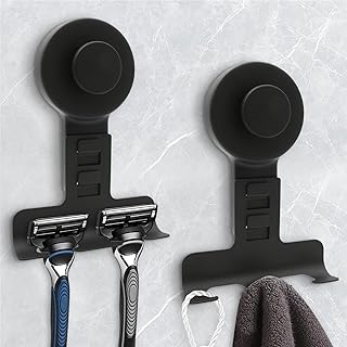 Suction Cup Razor Holder for Shower Wall 2 Pack,Heavy-Duty 15lbs Suction Hooks for Razor,Towel,Phone,Loofah, Removable Damage-Free Metal Shower Hook,Shaver Holder(Black)