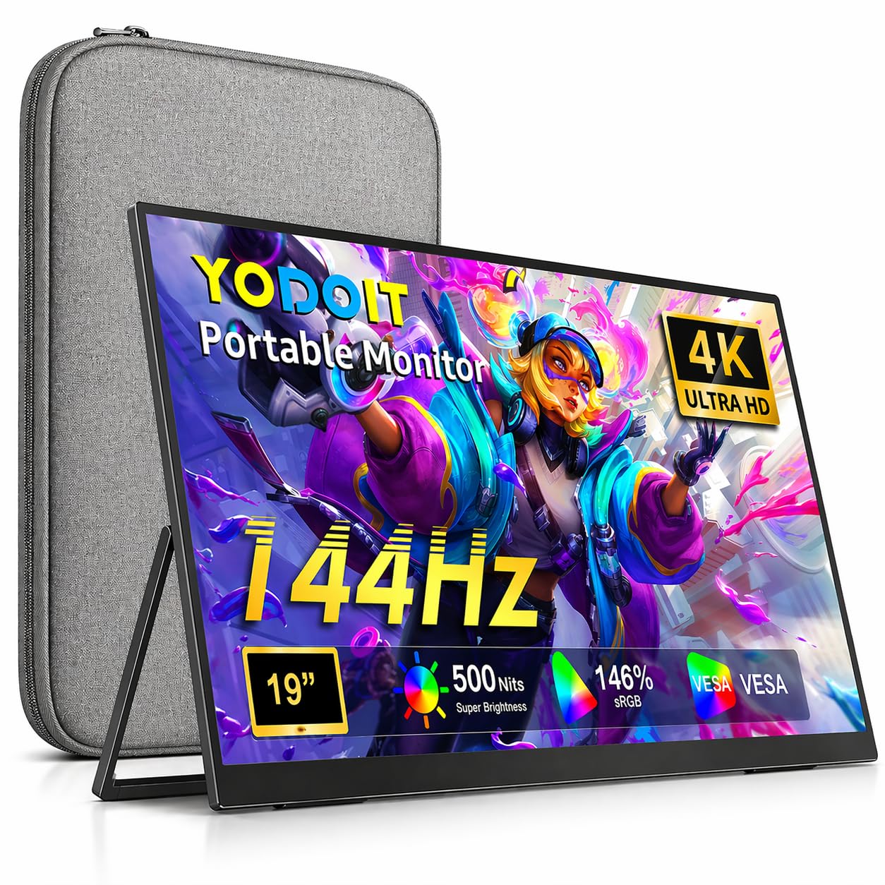 Yodoit Monitor portatile da 19" 4K a 144 Hz, UHD 3840x2160, IPS, secondo schermo esterno per laptop | Connettività USB-C e HDMI, altoparlanti integrati, con Smart Cover, per PC, Mac, PS3/4/5, Xbox