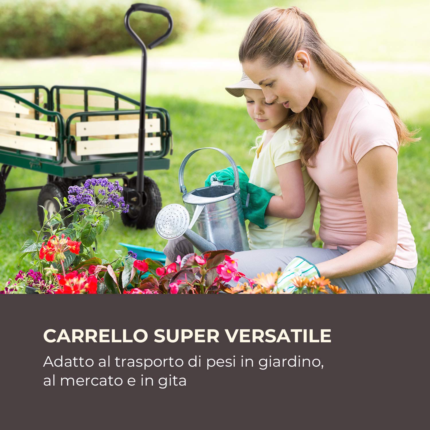 Waldbeck Ventura - Carrello da giardino, Carretto a mano, Sponde laterali ribaltabili, Resistente alle intemperie, Portata 300 kg, Telaio robusto, Ampio vano di carico, verde scuro