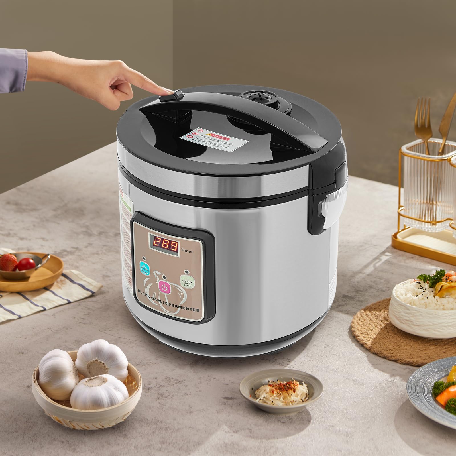 Fermenteur noir 6 l, 90 W 220 V pour les noirs, cuiseur à ail avec contrôle du temps et de la température, fermenteur d'ail intelligent avec pot intérieur et support à 3 étages (argent)