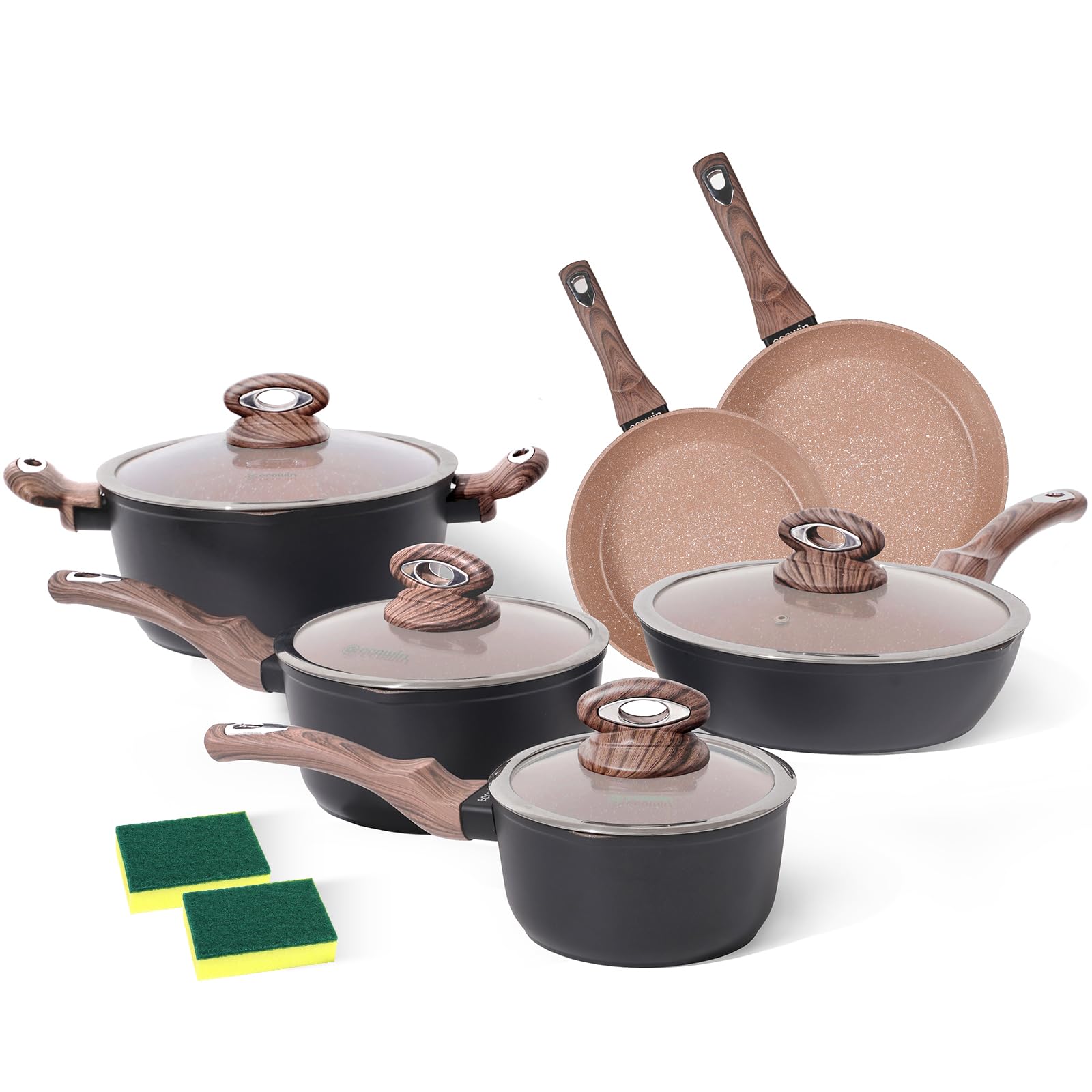 Ecowin Pots and Pans Set Nonstick 10 Pcs,Granite Coating Non Stick