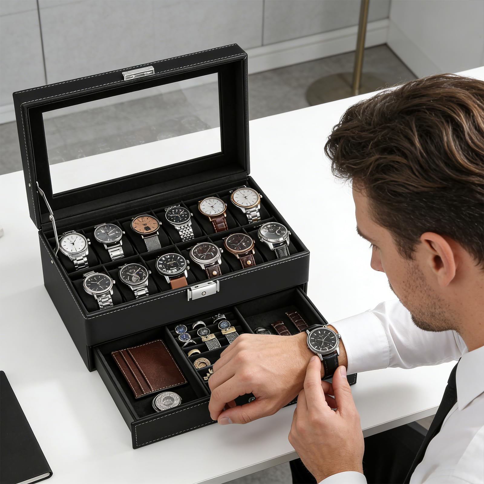Boîte à montres à 2 couches,Coffret à Montres avec couvercle en verre,Rangement pour Montres en Cuir,12 compartiments et 1 tiroir,pour montres, bagues, bracelets,Boîte de Montre Noir