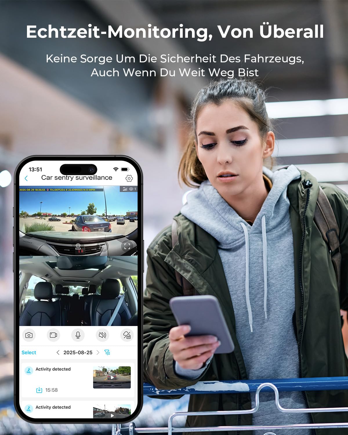 NUASI 4G LTE Dashcam Vorne Hinten 2K/1080P mit 24/7-Parkmodus