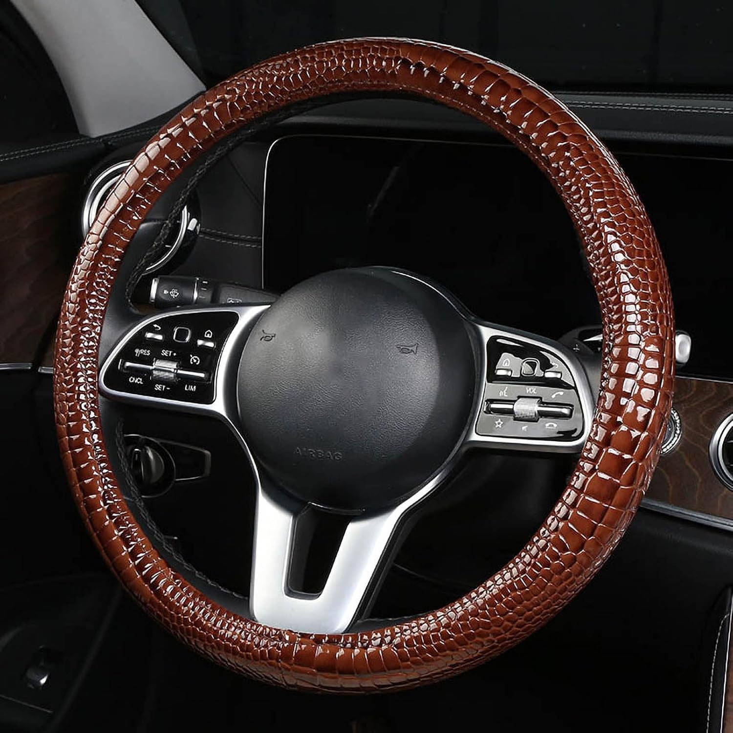 Luxury Crocodile Texture Glossy Leather Car Steering Wheel Cover, New Universal 15 Inch Vehicle Steering Wheel Cover for Cars, Trucks, Suvs, Pickups Interior Accessories (Blue)