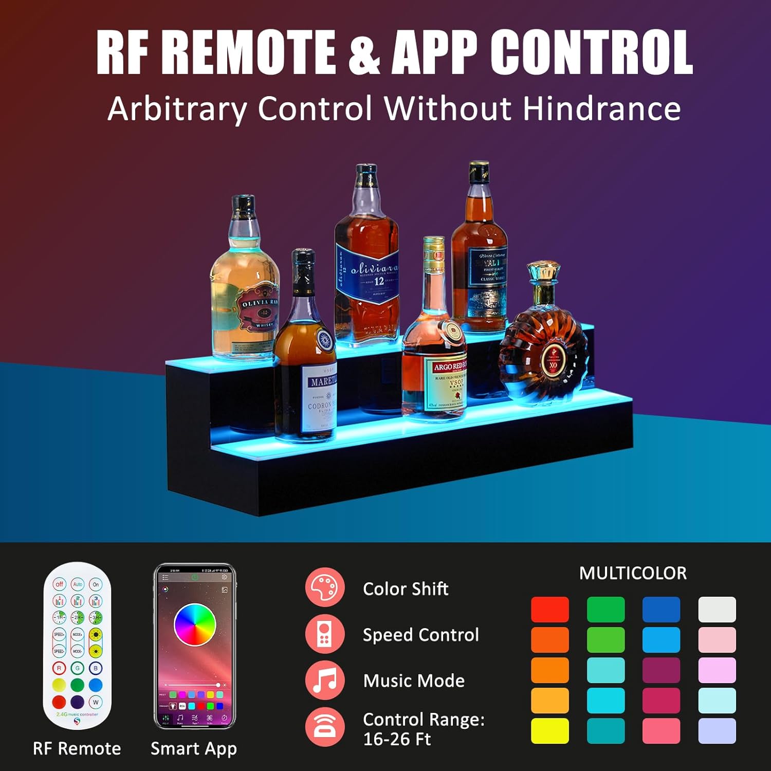 40 Inch Rectangular LED Lighted Liquor Bottle Display Shelf - 2-Tier Acrylic Wine Rack with Remote & App Control, 16 Static Colors, 1-8H Timer, USB Power, for Home Bar, Commercial Use