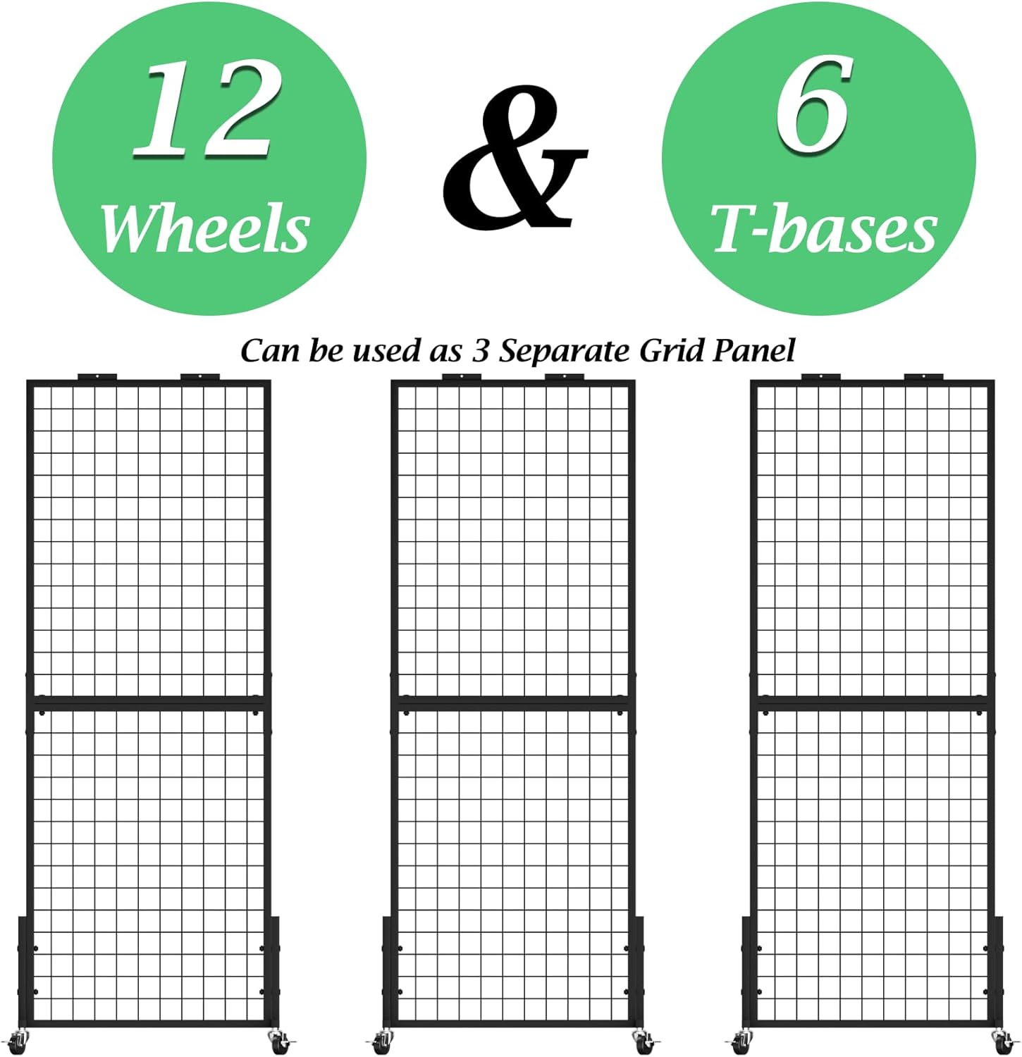 Grid Wall Panels Display Stand - 3pcs with 21 Hooks, 2*5.6ft Display Racks For Vendor Events Art Display Panels Linkable Heavy Duty Floor Standing Movable Retail Display Stand Metal Shelf