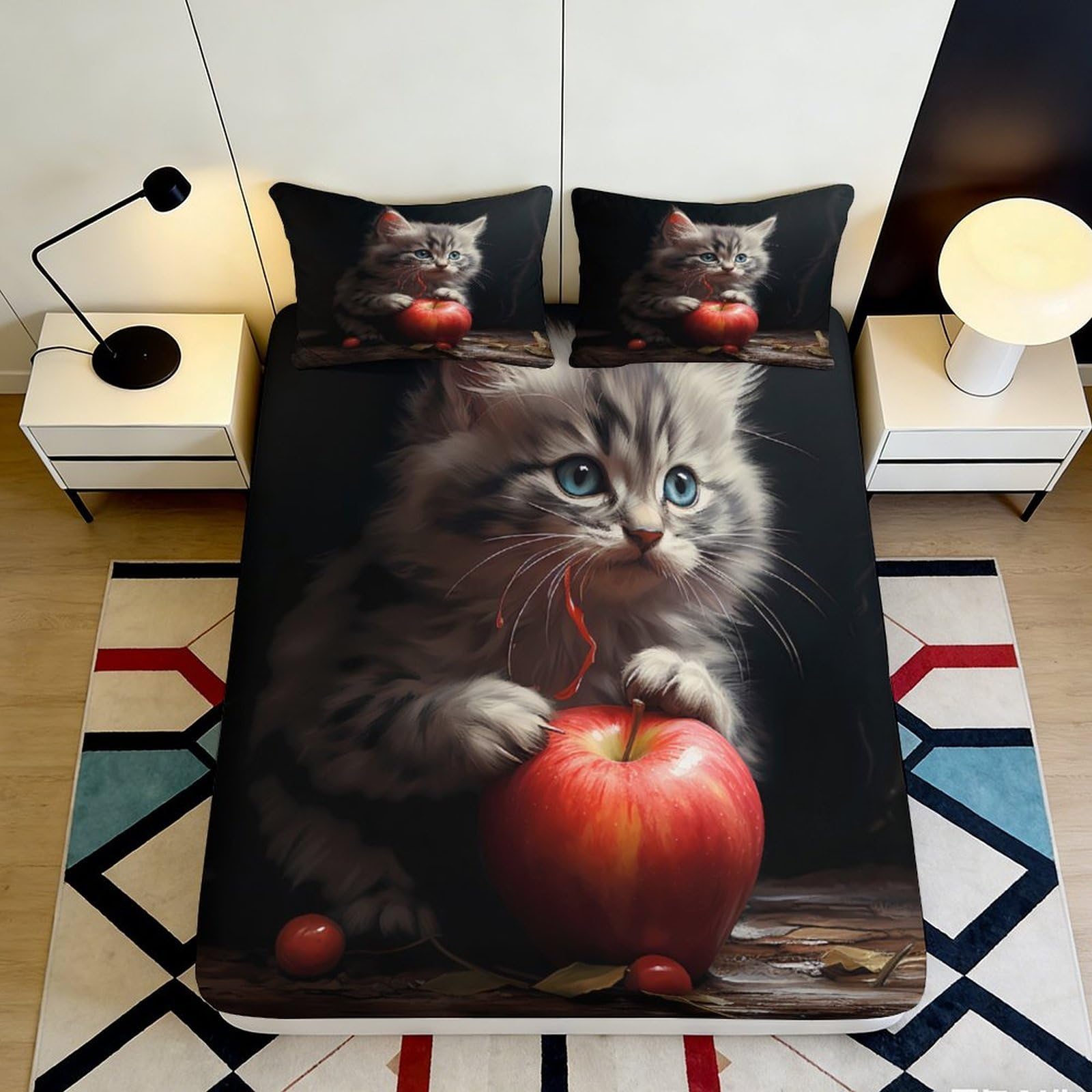 Tjiqhvmrn Style-2 3D Printed Cute Cat Apple Fitted Sheet Microfiber Deep Pocket Bedroom Bedding Set Non-Slip Elastic Hem Cute Cat Mattress Fitted Cover Washable Adult Teen 90X200x25cm
