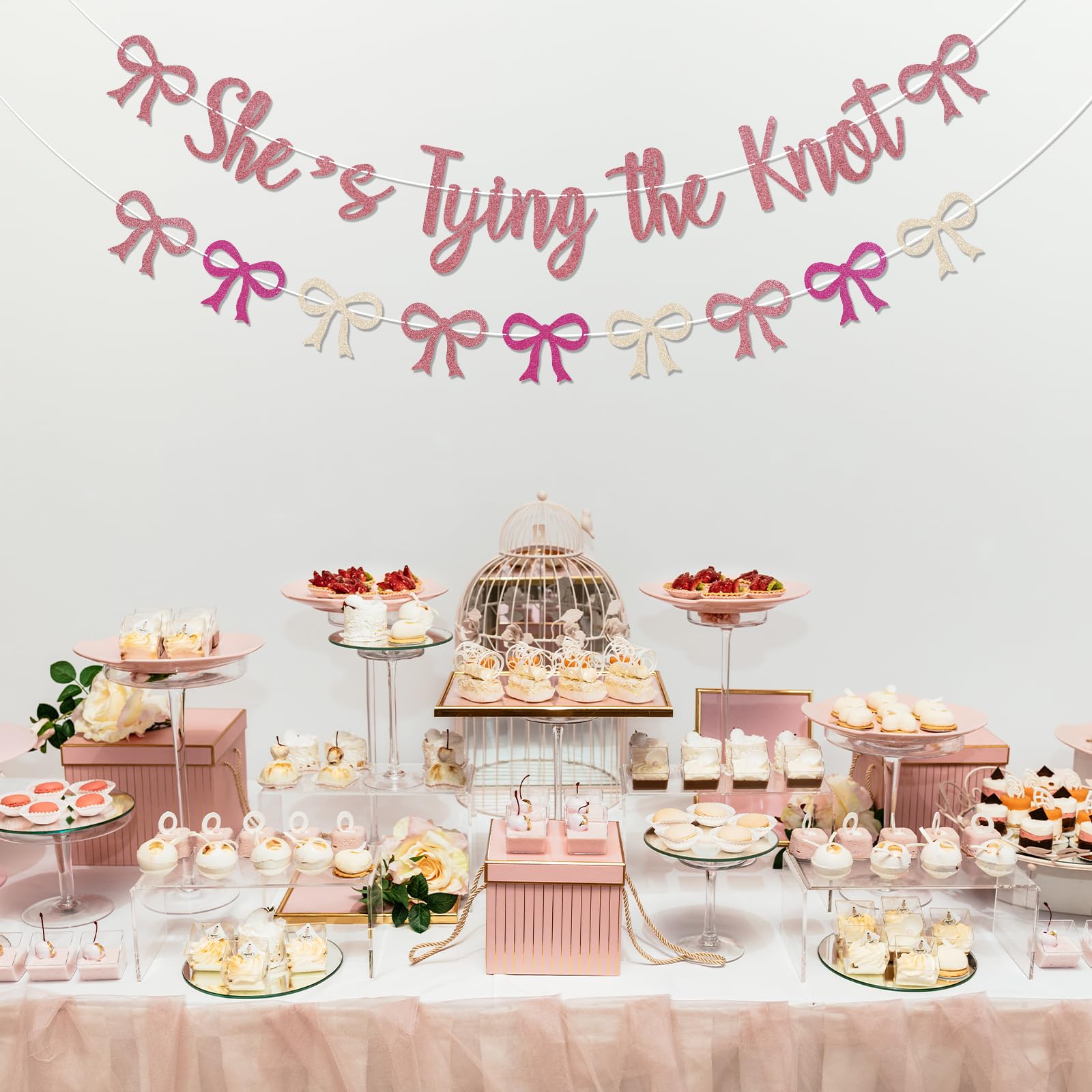 2 Pack Pink Bow Garland Banner, Satin Ribbon Bowknot Garlands For Coquette Birthday Party, Girls Bow Party Decor Wedding Engagement Baby Shower Bridal Shower Bachelorette Decorations (Pink