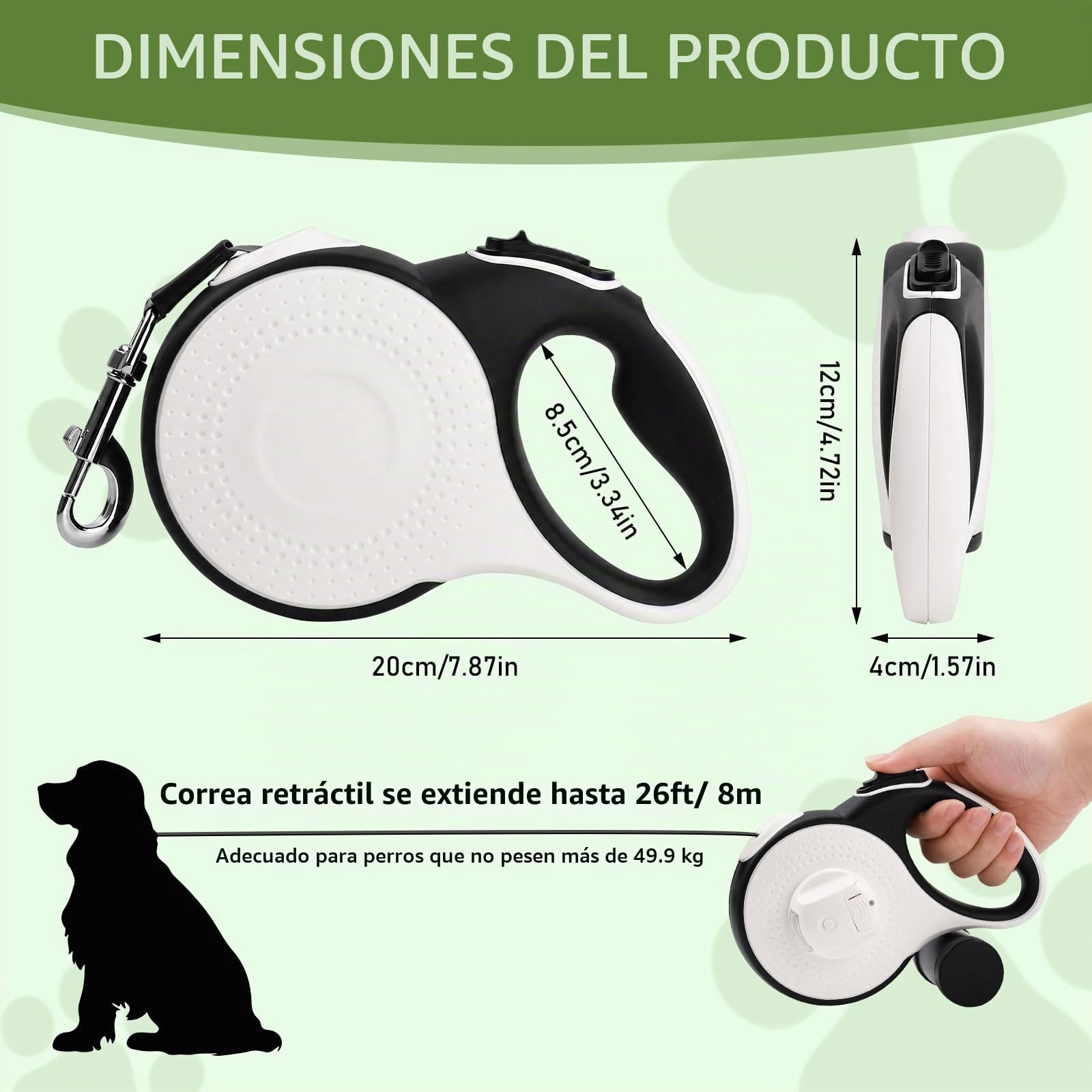 8m Correa Perro Extensible,Correa Extensible Perro,Correas para Perros,360° Antienredos,con Seguro y con Freno,Soporte para Bolsas de excrementos,para Perros de hasta 35 kg (Verde)