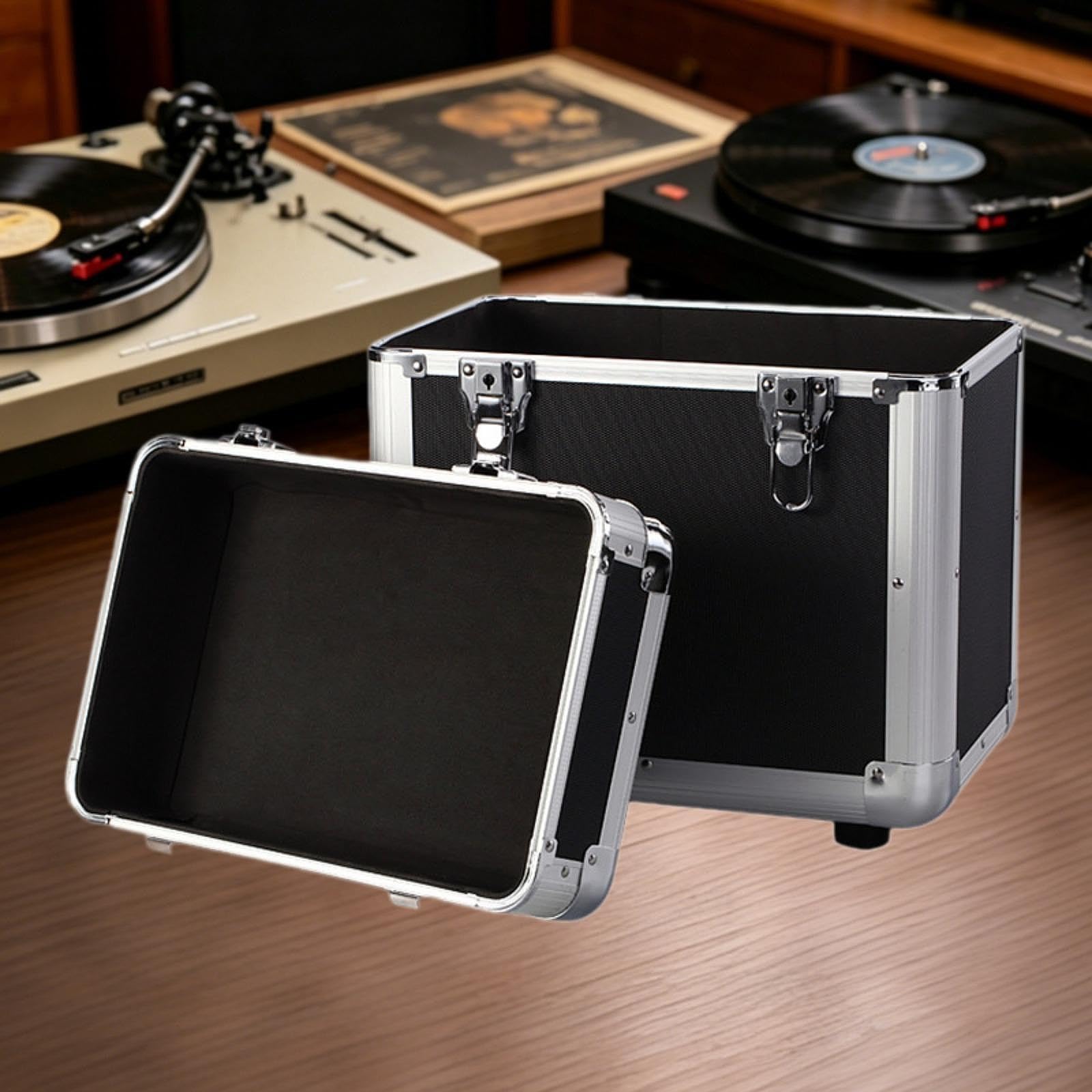 kowaku Scatola Porta Dischi Vinile Organizer Archiviazione Custodia Contenitore Alluminio Leggero con Manico Bloccabile per Collezionisti Appassionati DJ Ada, Nero S