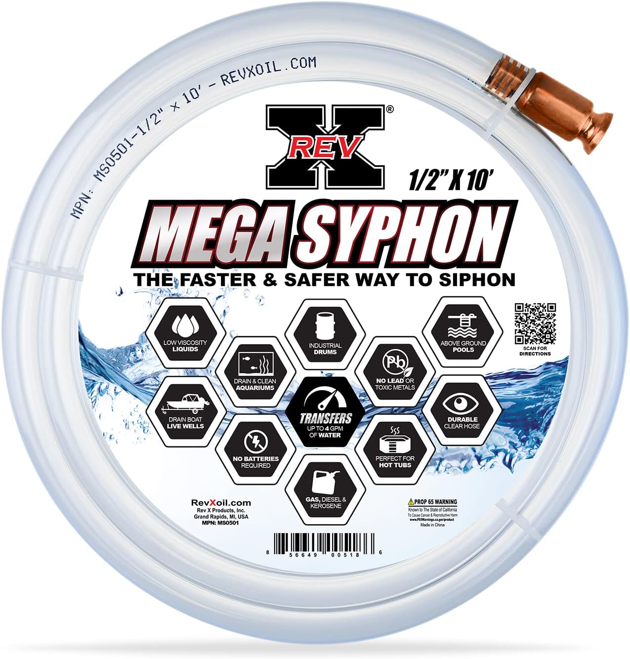 REV XMega Syphon - 1/2" x 10 Foot Long Self Priming Safe Siphon Hose for Water, Gas, Fuel, Diesel