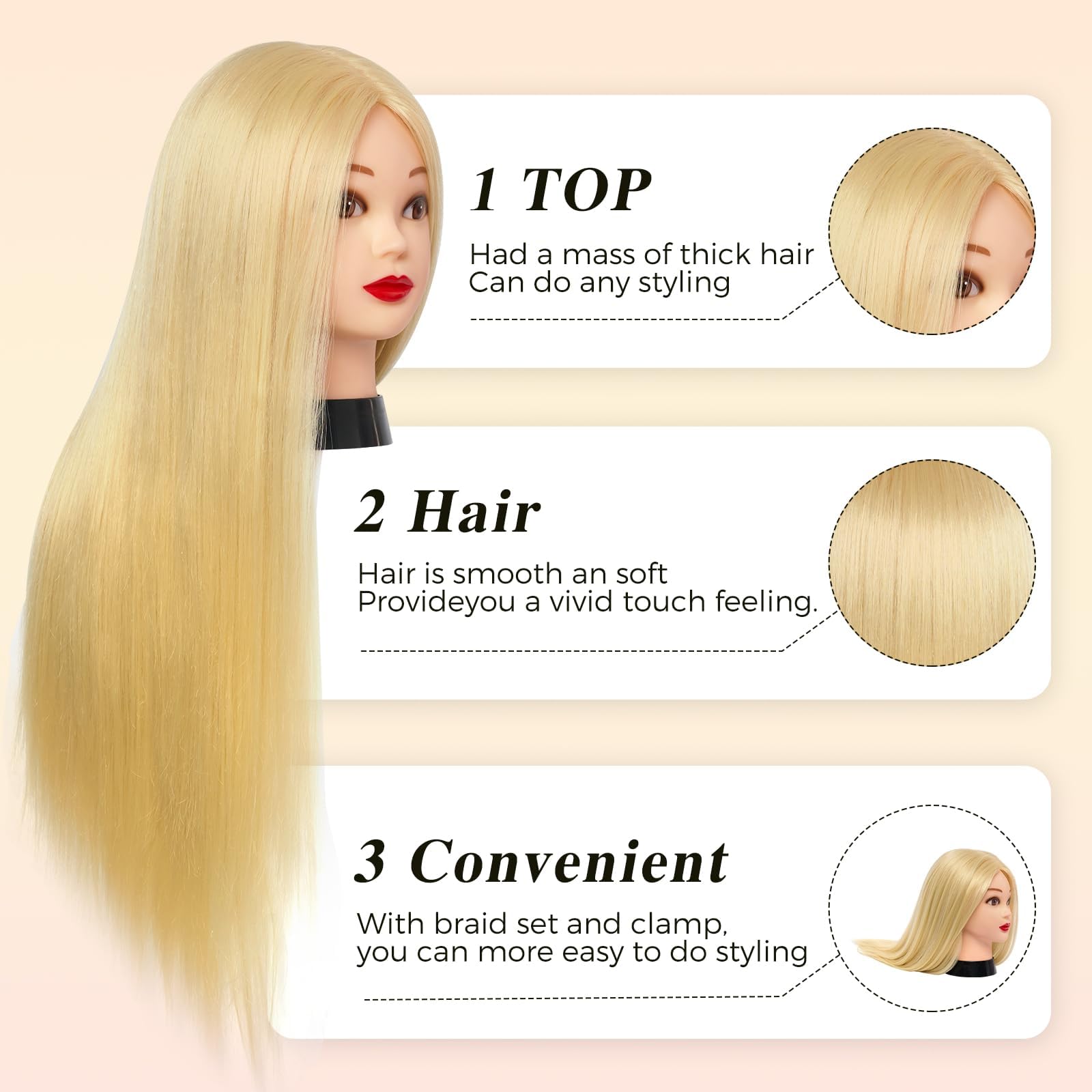 Głowica fryzjerska ze stojakiem, 50% naturalne włosy, Neverland, głowa do ćwiczeń, 66 cm, fryzury, główki treningowe dla fryzjerów, uchwyt na blond it + zestaw do samodzielnego wykonania włosów