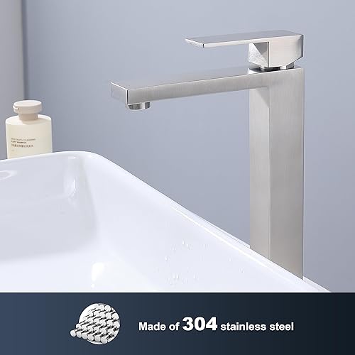 Miniatura 2 de Grifo de lavabo de baño, grifo alto de níquel cepillado, moderno grifo de lavabo de acero inoxidable de una sola manija con montaje de drenaje y