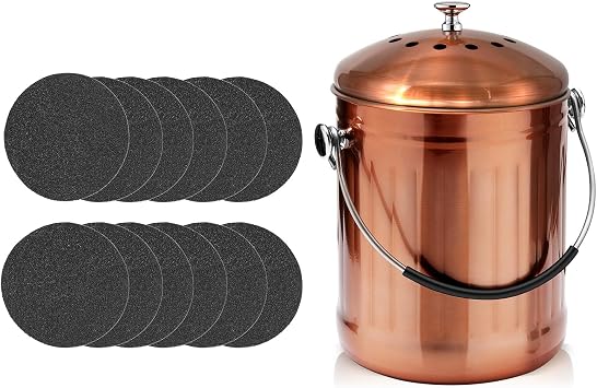 ENLOY Compost Bin & 12 Pack Compost Bin Filters Extra Thick Activated Carbon, Stainless Steel Indoor Compost Bucket with Carrying Handle 1.3 Gallon, Odor Absorbing Charcoal Filters 7.2 Inch