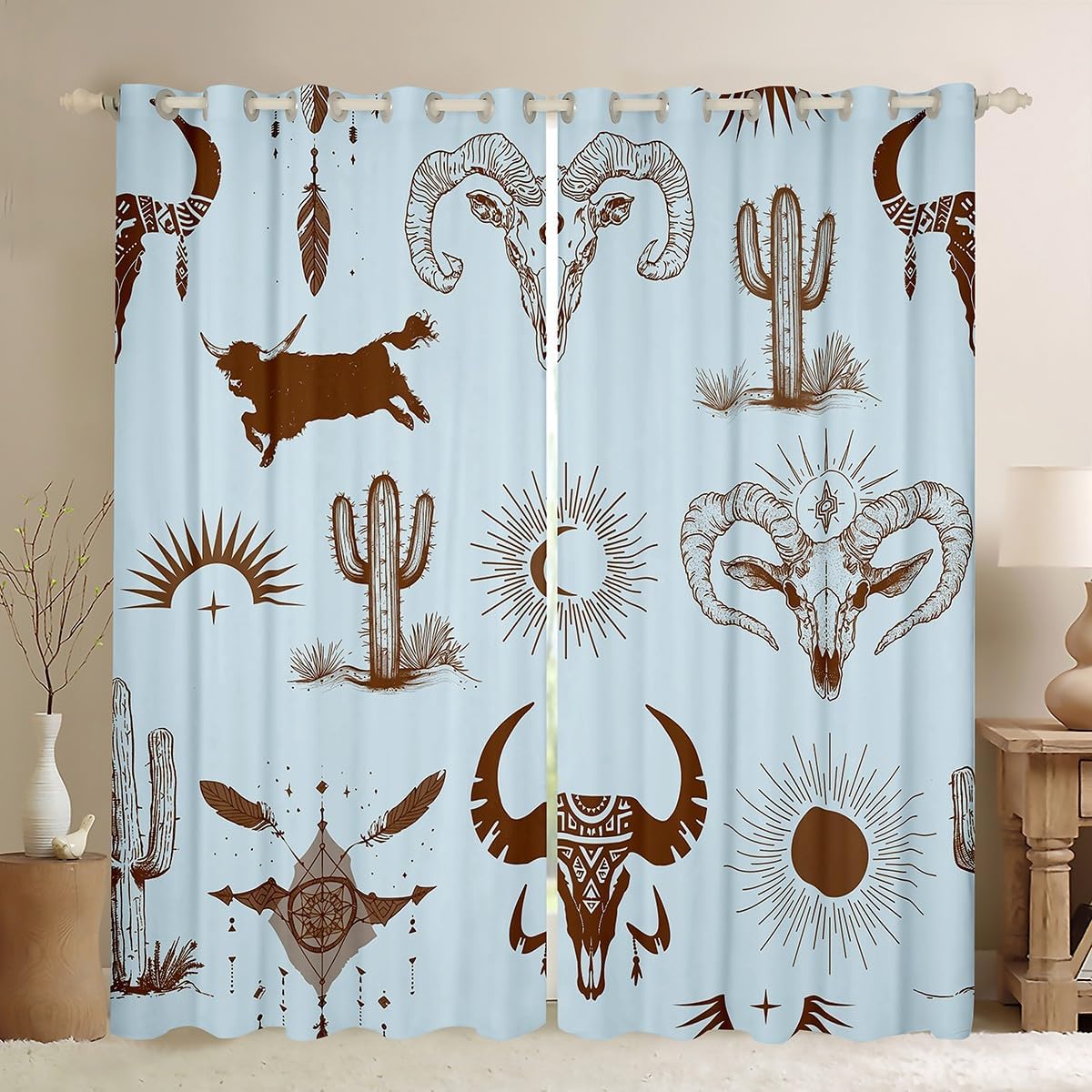 Erosebridal Native Aztec Blackout Curtains 38" Wx54 L, 2 Panels Western Boho Window Curtains Bull Skull Tribal Southwestern Window Treatments Drapes for Bedroom Cow Bohemian Geometric Black