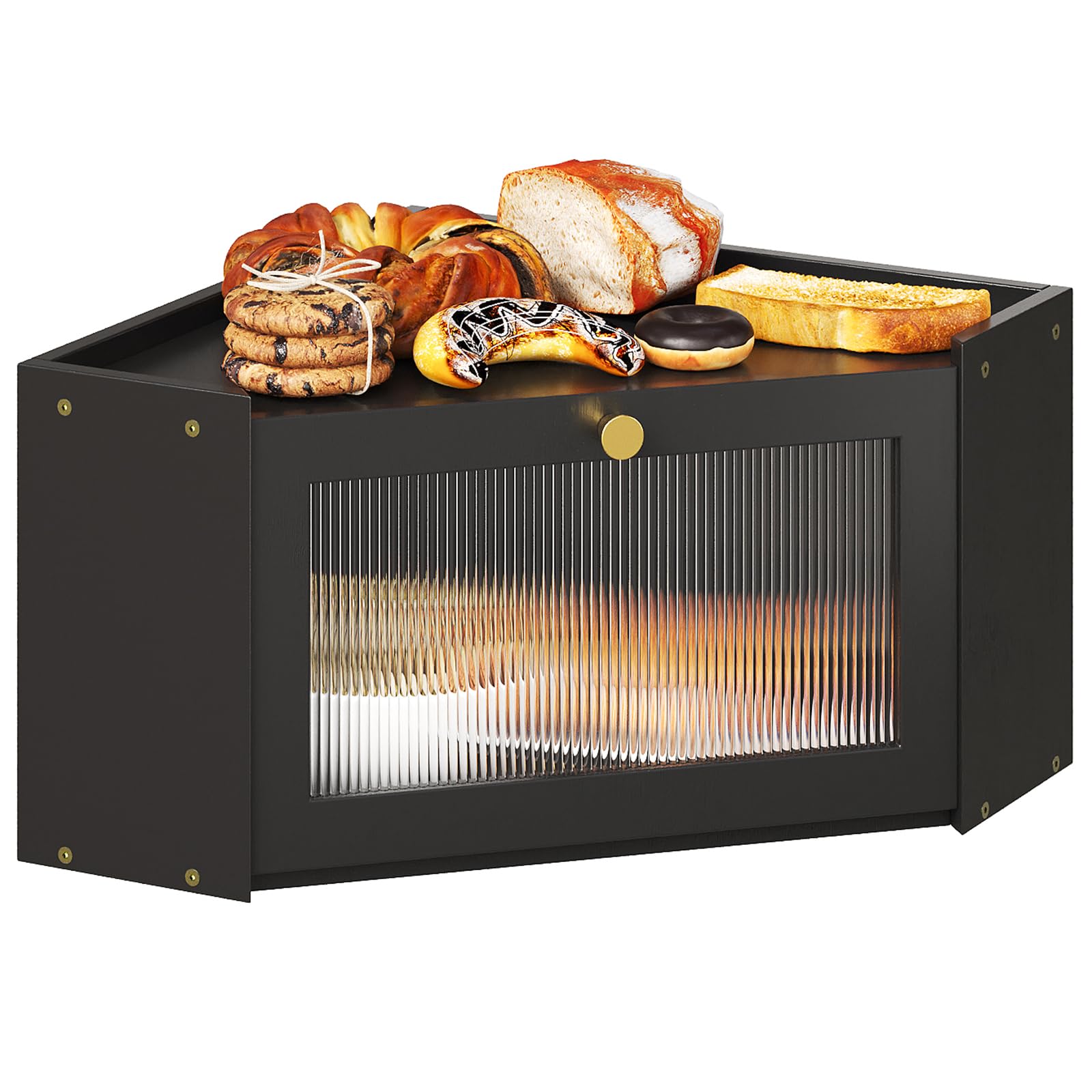 VEDECASA Boîte à pain d'angle pour cuisine en bambou avec porte en acrylique transparente - Noir - Corbeille à pain pour coins de cuisine - Grande boîte à pain au design rustique - 32 x 32 x 20 cm