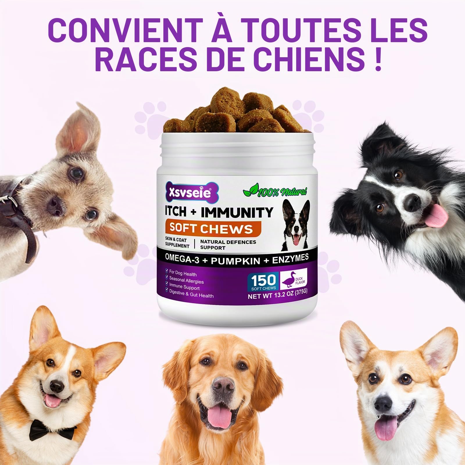 Comprimés à Mâcher pour Chiens Contre Les Allergies, Soulage Les Démangeaisons Cutanées, Renforcent l'immunité, Soulagent Les Allergies Saisonnières et Favorisent Une Peau et Un Pelage Sains, 150pc