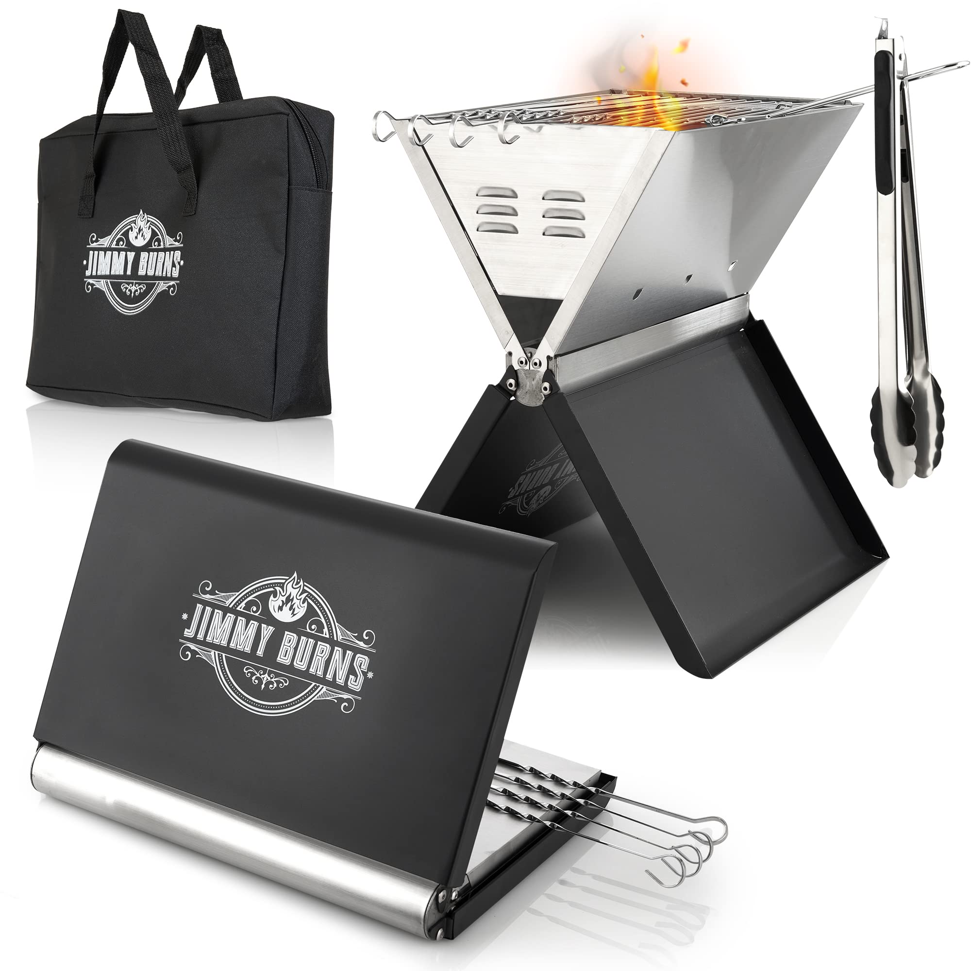 JIMMY BURNS Camping Grill Charcoal Stainless Steel | [Eyecatching Notebook Design] | for 2-4 People | Compact Folding Grill for Camping, Outdoor, Travel, Festival, Garden | Includes Grill Accessories