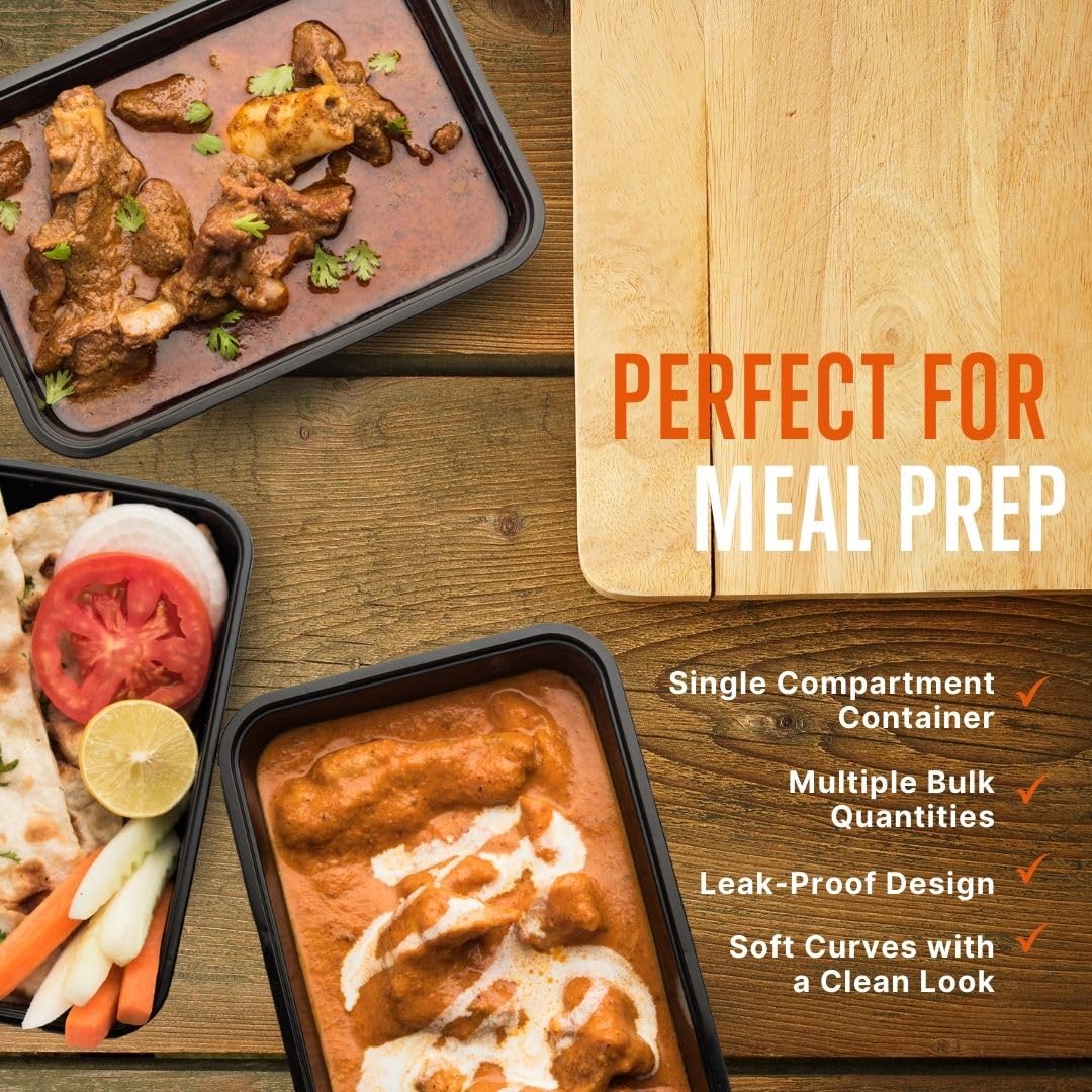 SQUATZ Contenedor de alimentos para microondas para 150 unidades, caja rectangular negra de 33 onzas con tapas, utensilios reutilizables, cuchara, tenedor y cuchillos, sin fugas, apto para congelador