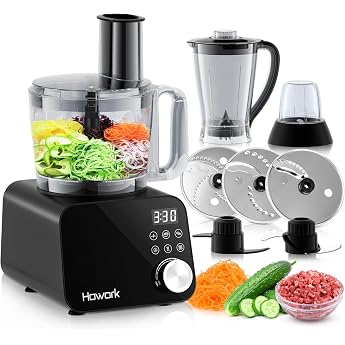 Howork Food Processor 1500 W Large Capacity Multifunctional for Chopping Chopping Grinding Smoothies Chopping Filling and Dough Stainless Steel Black