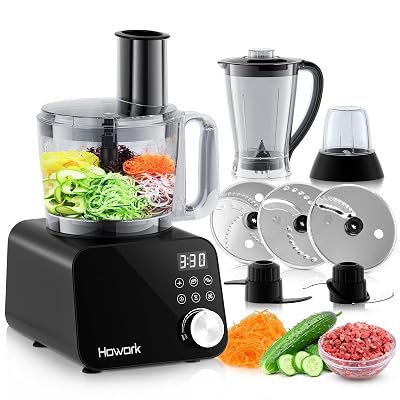 Howork Procesador de Alimentos 1500W, Multifunción de Gran Capacidad Food Processor, Para Triturar, Rebanar, Picar, Moler, Batidos, Picar, Rellenar y Masa,Robots de cocina (Negro)