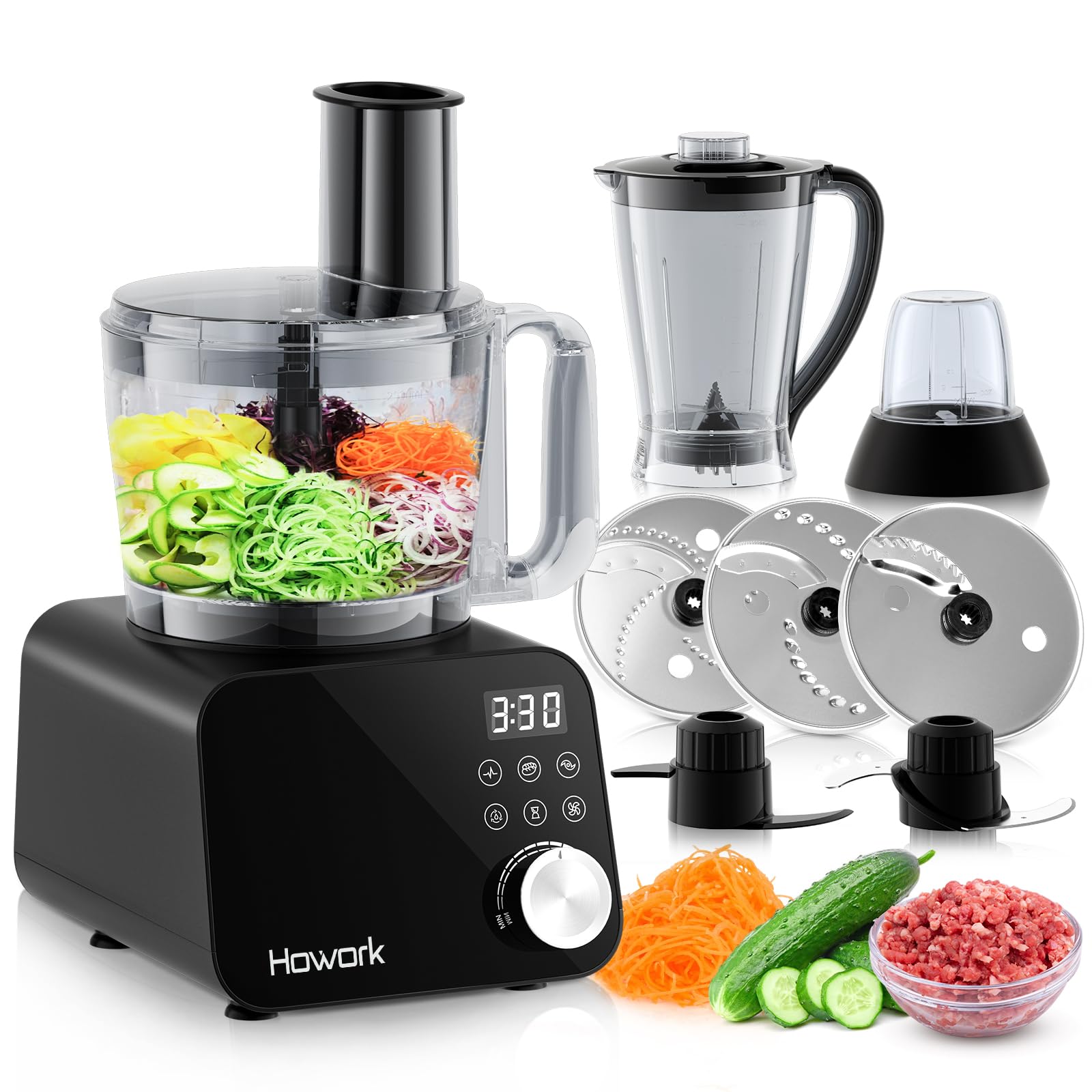 Howork Robot da Cucina multifunzione 1500W, Multifunzione di Grande Capacità, Per Tritare, Affettare, Sminuzzare, Tritare, Frullare, Sminuzzare,Farcire e Impastare, Acciaio Inox Nero