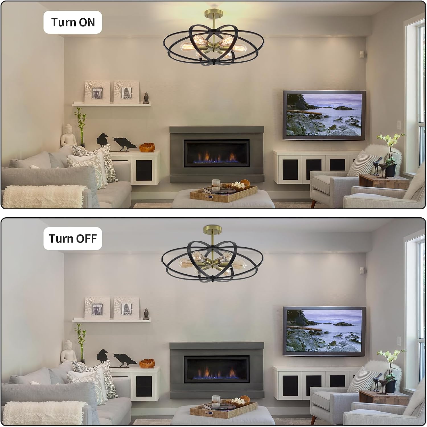 Semi Flush Mount Ceiling Light Fixture Chandelier 25''Black Gold Bedroom Ceiling Lights 6-Light Foyer Chandelier Style Flower Shape Porch Light Fixture for Entryway,Laundry room,Kitchen,Farmhouse