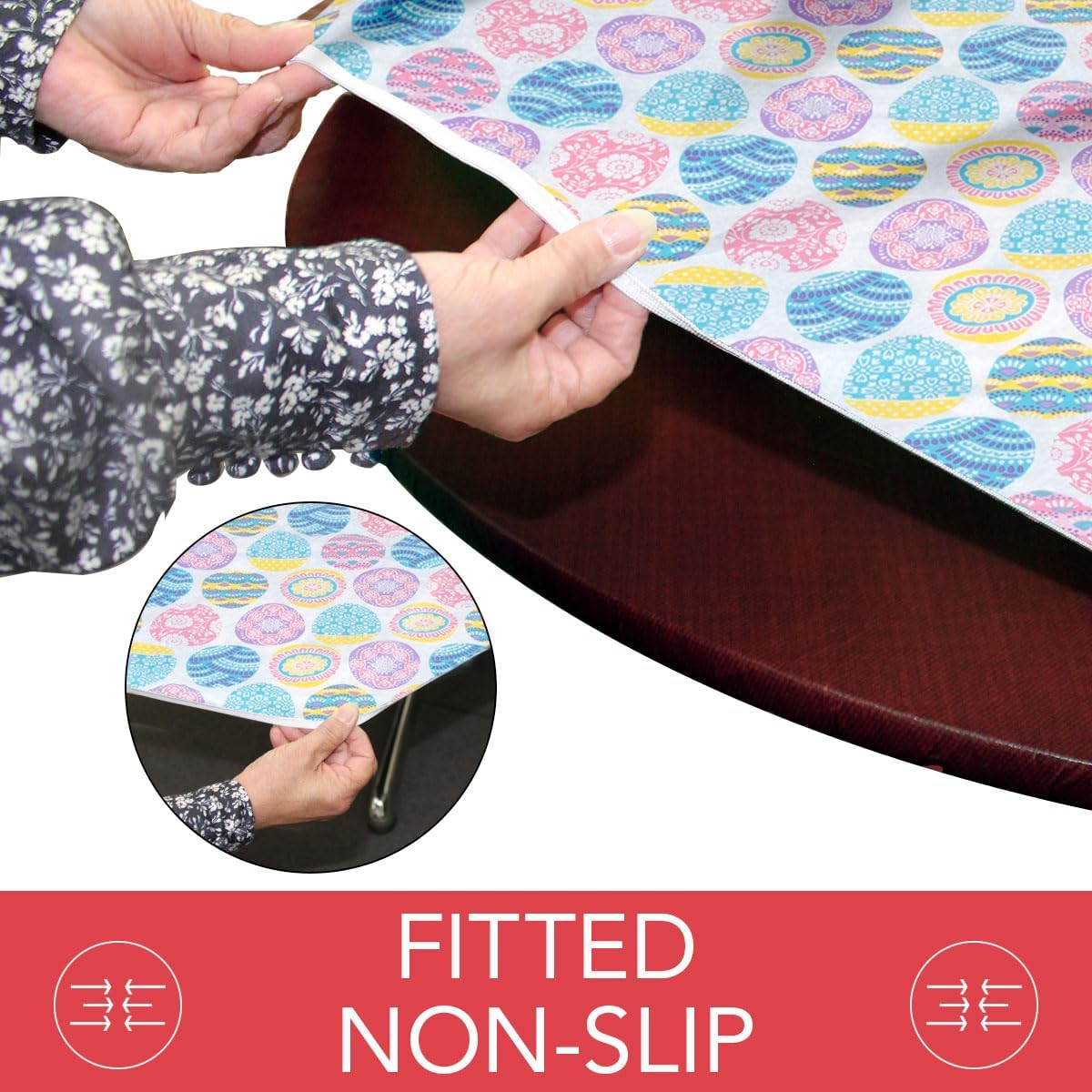 Covers For The Home Deluxe Elastic Edged Flannel Backed Vinyl Fitted Table Cover - Easter Pattern - Extra Large Round Best for 57"- 65" Round