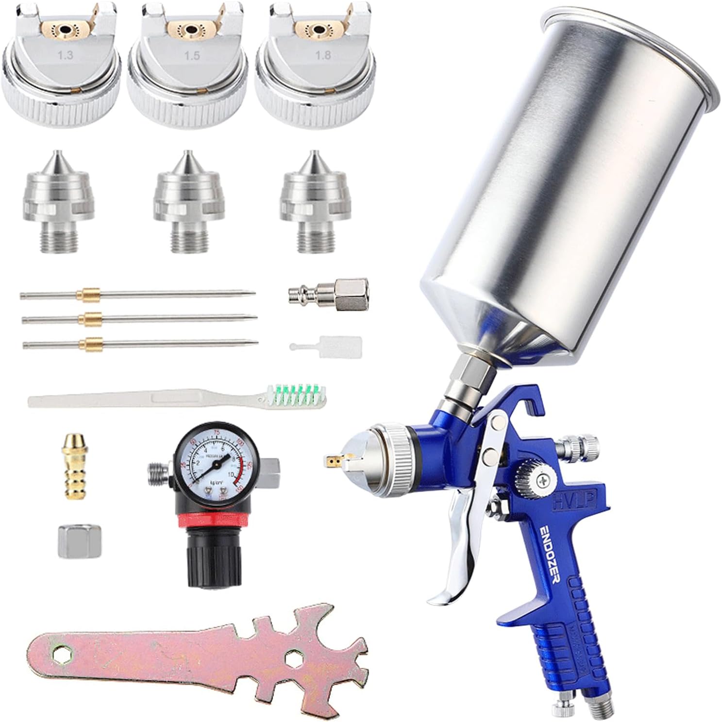 ENDOZER Professional HVLP Gravity Feed Air Spray Gun Set with 1.3 1.5 1.8mm Nozzles, Paint Gun with 1000cc Aluminum Cup for Auto Paint, Wall Painting, Base Coatings