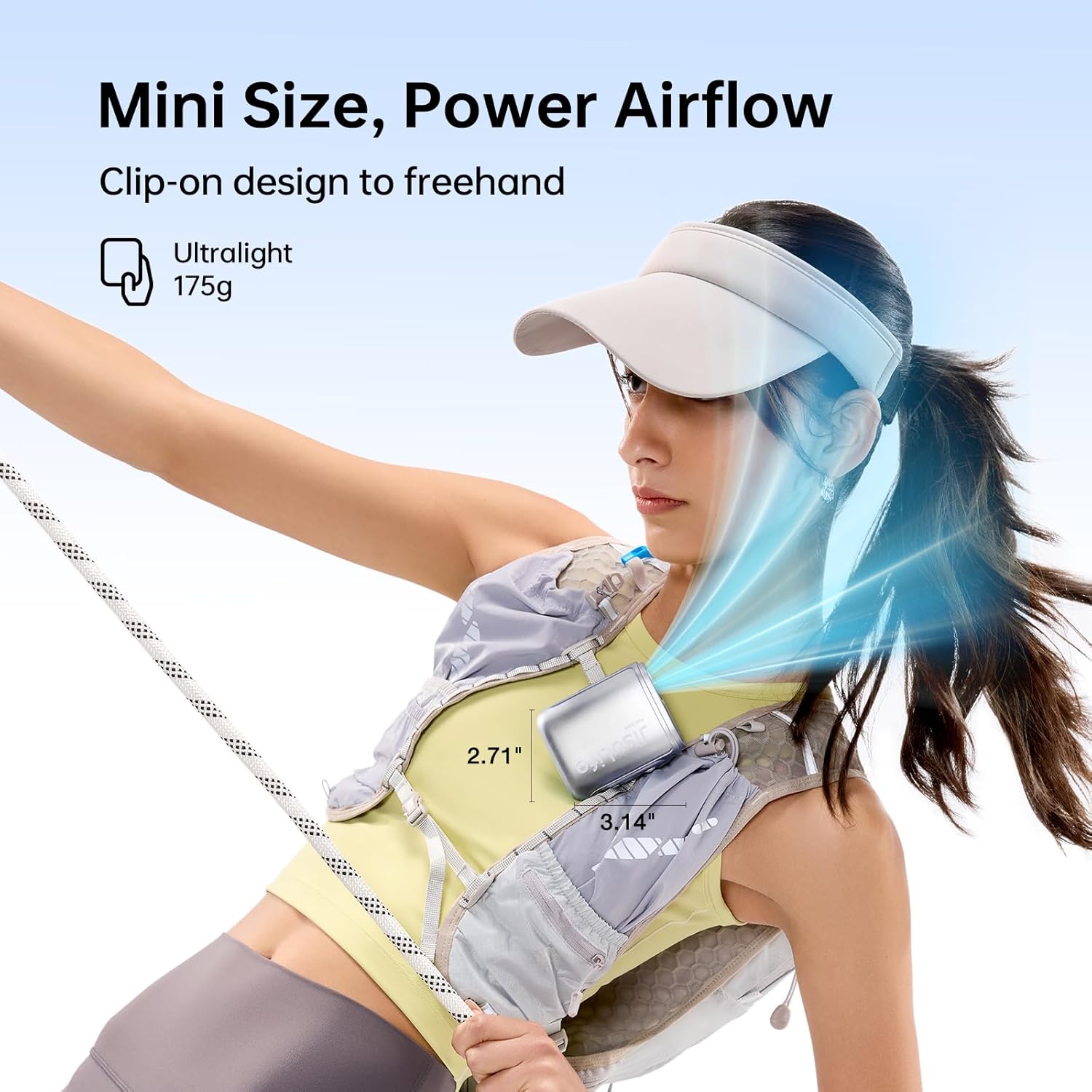 Woman wearing the JISULIFE Portable Neck Fan LIFE5 clipped to her running vest, showing airflow from the fan. The fan is compact and lightweight.